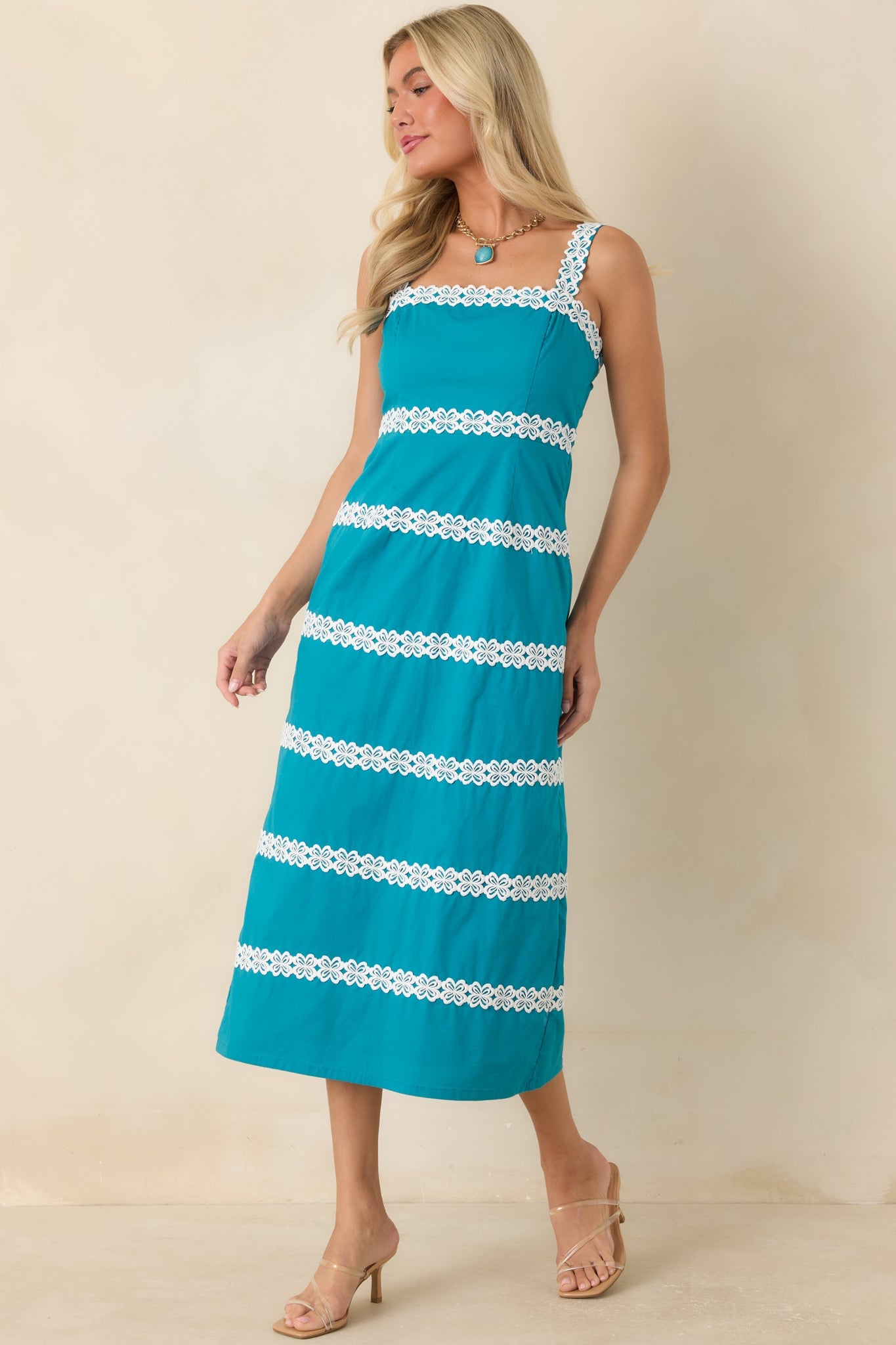 Couldn't Stay Away Teal & Ivory Floral Lace Midi Dress