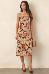 Among the Autumn Roses Mocha & Pink Floral Velvet Burnout Midi Dress