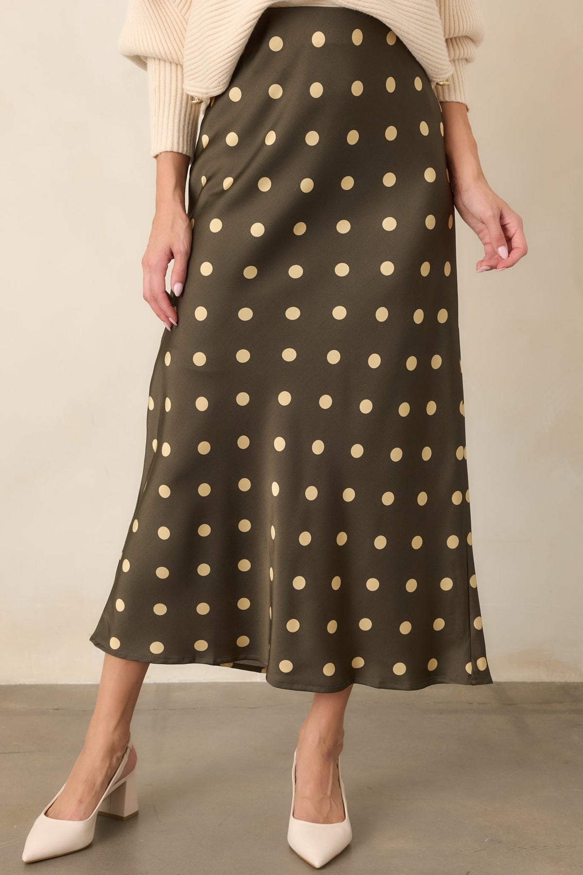 Connect the Dots Moss Green Polka Dot Satin Maxi Skirt