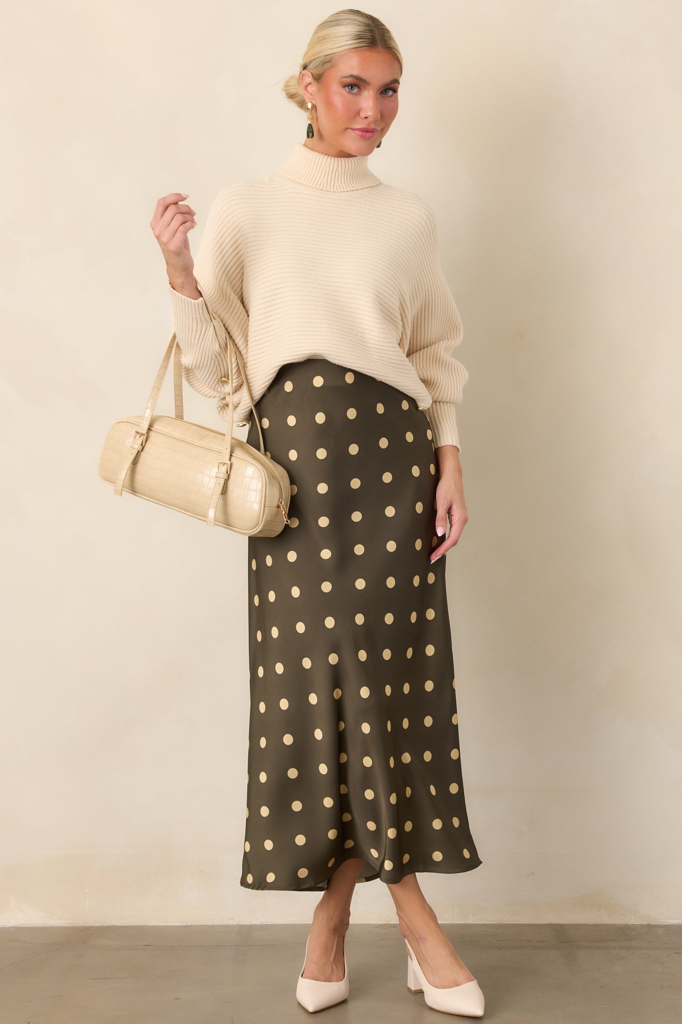 Connect the Dots Moss Green Polka Dot Satin Maxi Skirt