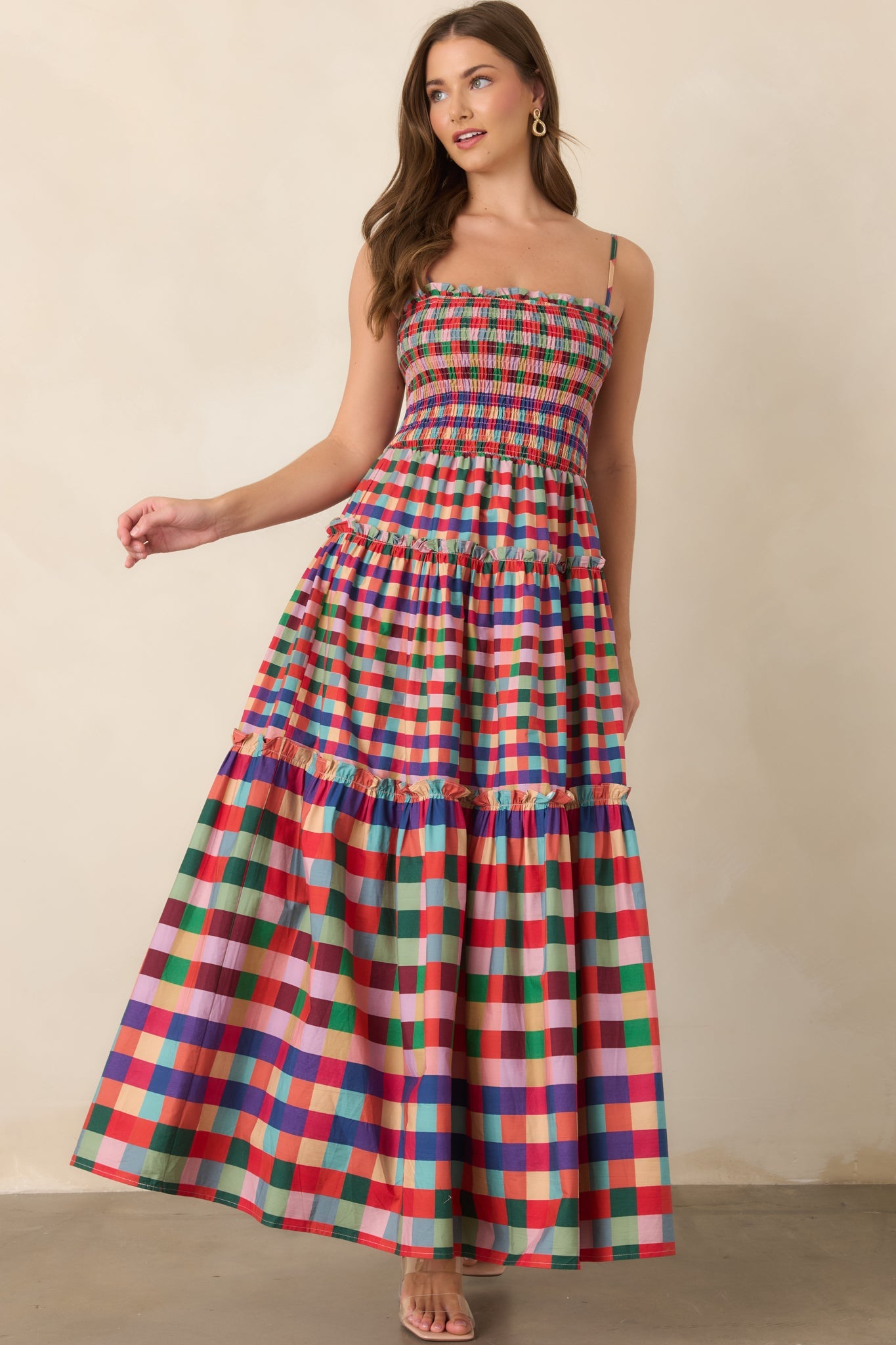Every Shade of Happy Red Multi Plaid Maxi Dress