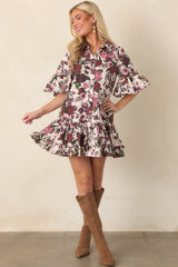 En Saison Miranda Ivory & Burgundy Floral Cotton Mini Dress