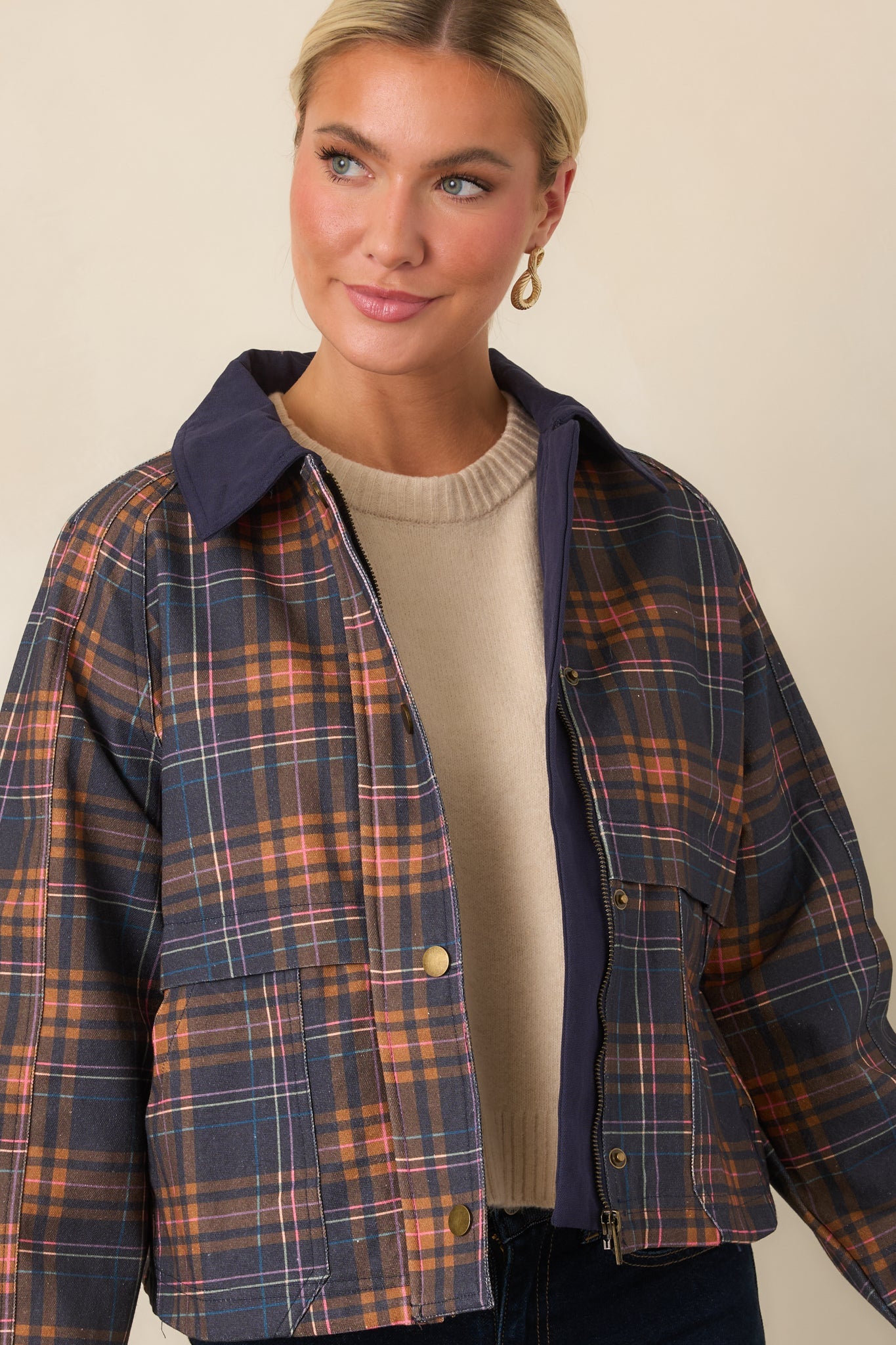 Check the Forecast Navy Multi Plaid Cotton Jacket