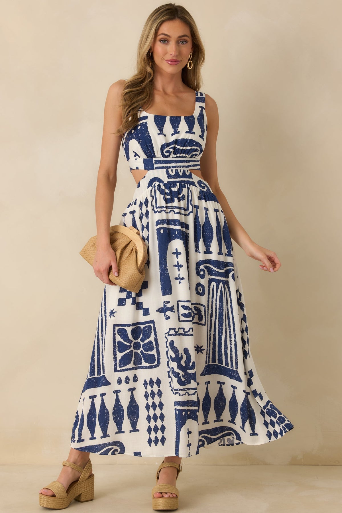Aegean Dreams Navy & White Mediterranean Cut-Out Tie-Back Maxi Dress