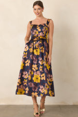 A Formal Arrangement Navy & Marigold Floral Tie-Waist Midi Dress