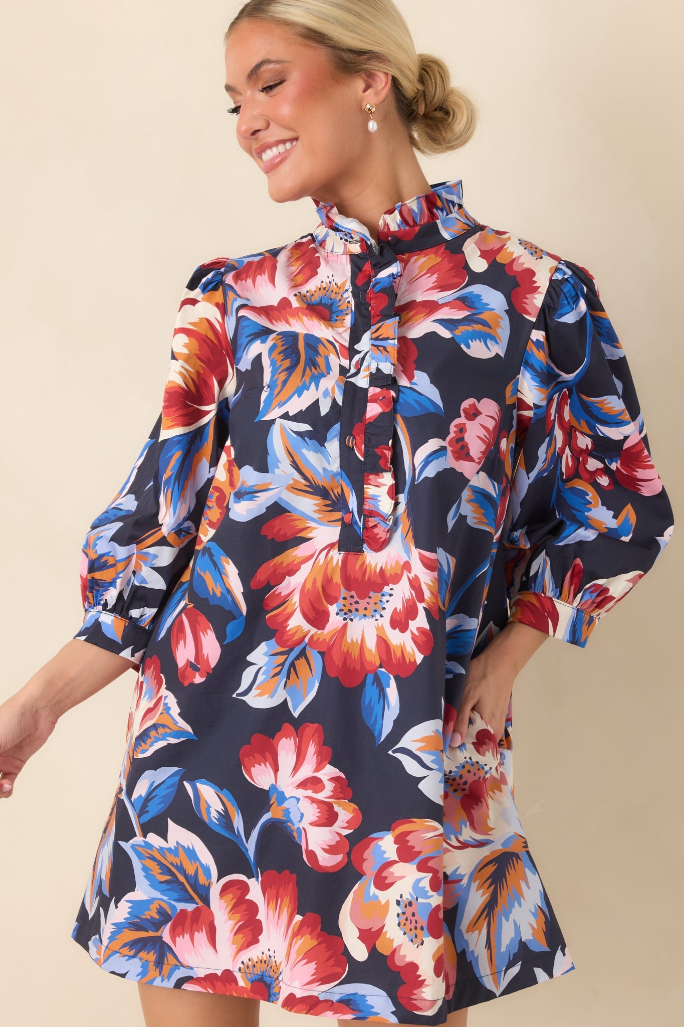 EXCLUSIVE: Prosperina Maren Navy Multi Floral Cotton Mini Dress