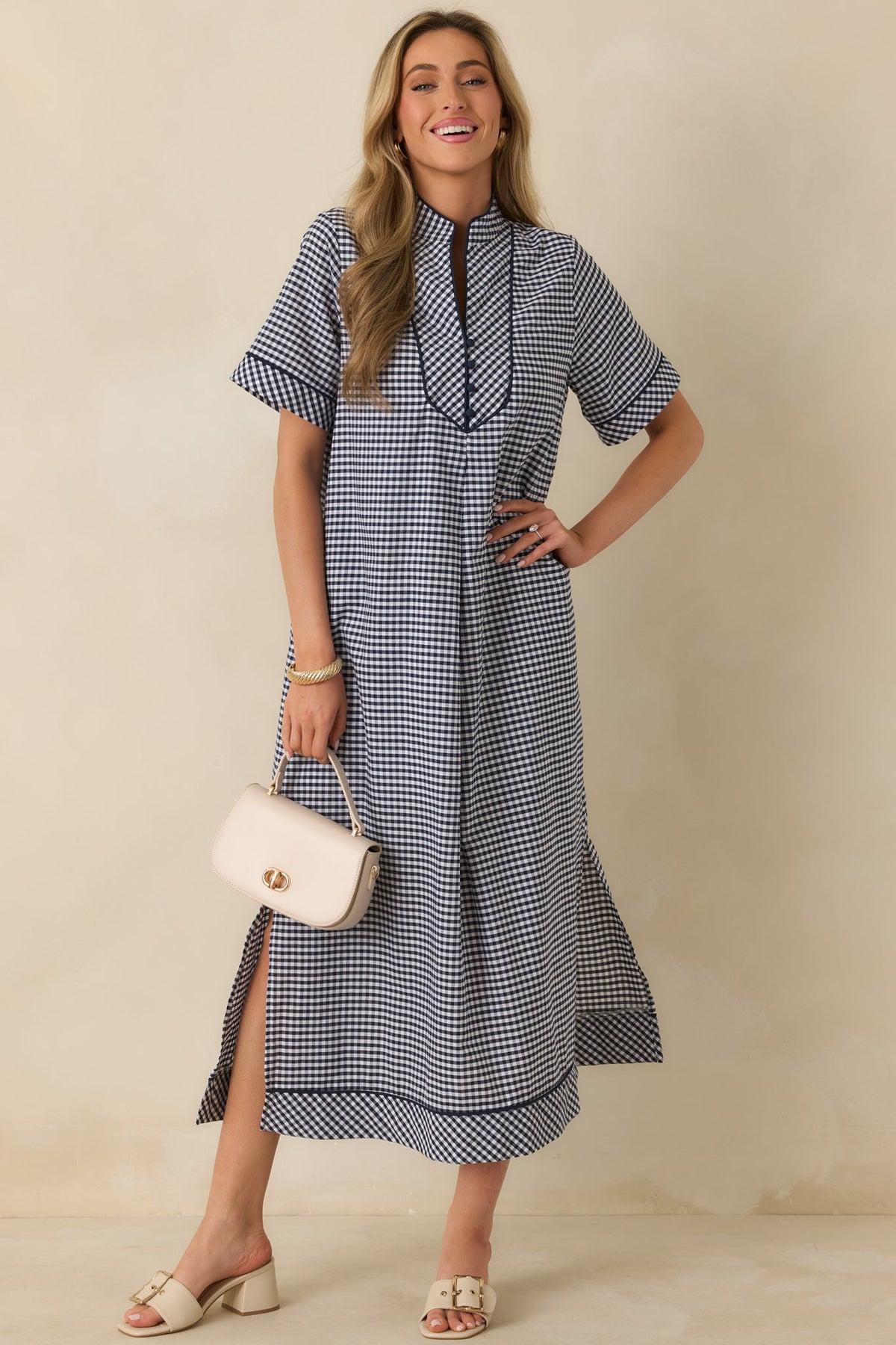 Afternoon Plans Navy Gingham Cotton V-Neck Maxi Dress