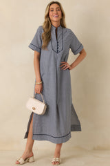 Afternoon Plans Navy Gingham Cotton V-Neck Maxi Dress