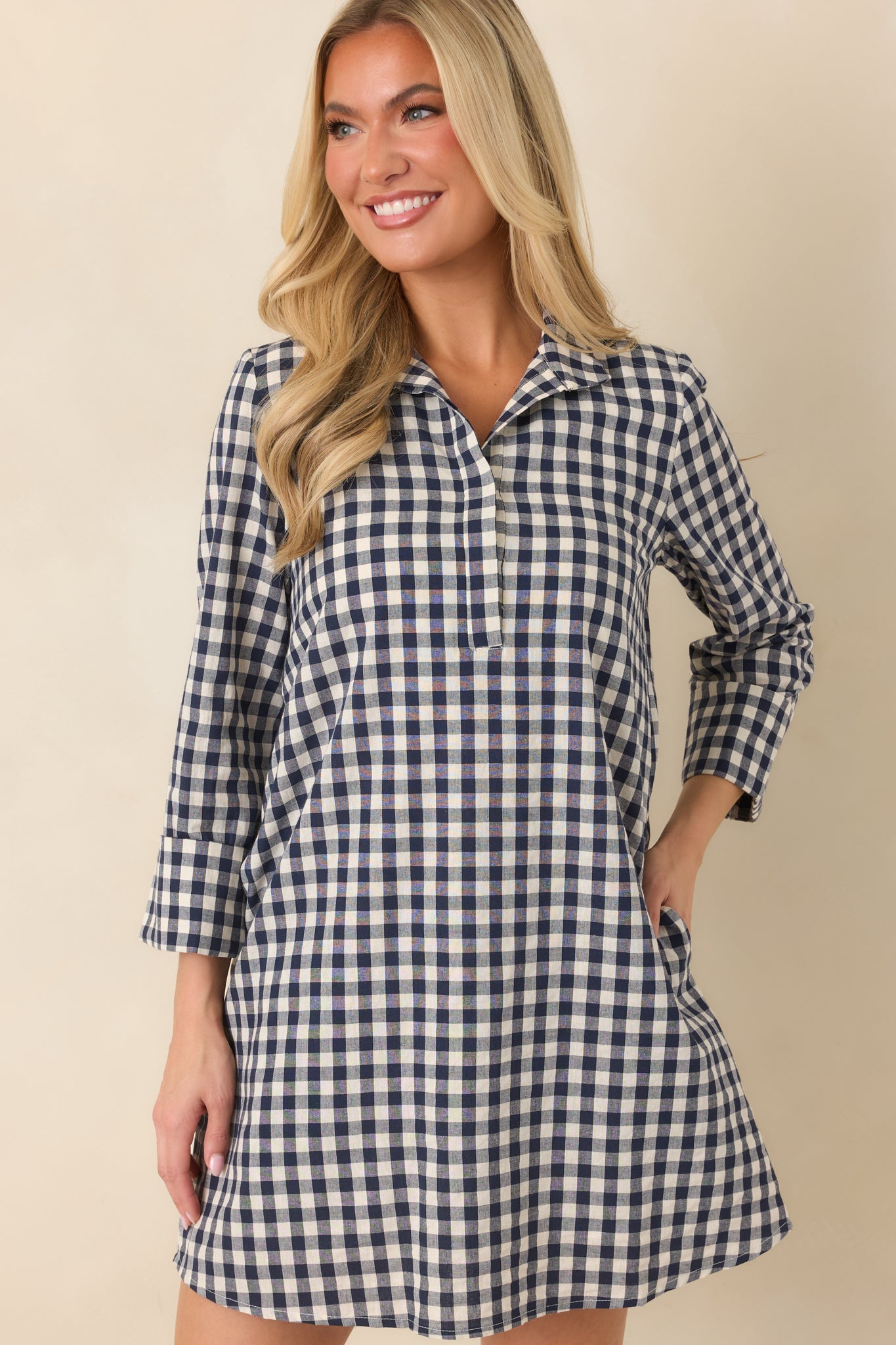 EXCLUSIVE: Prosperina Savoy Navy Gingham Mini Dress