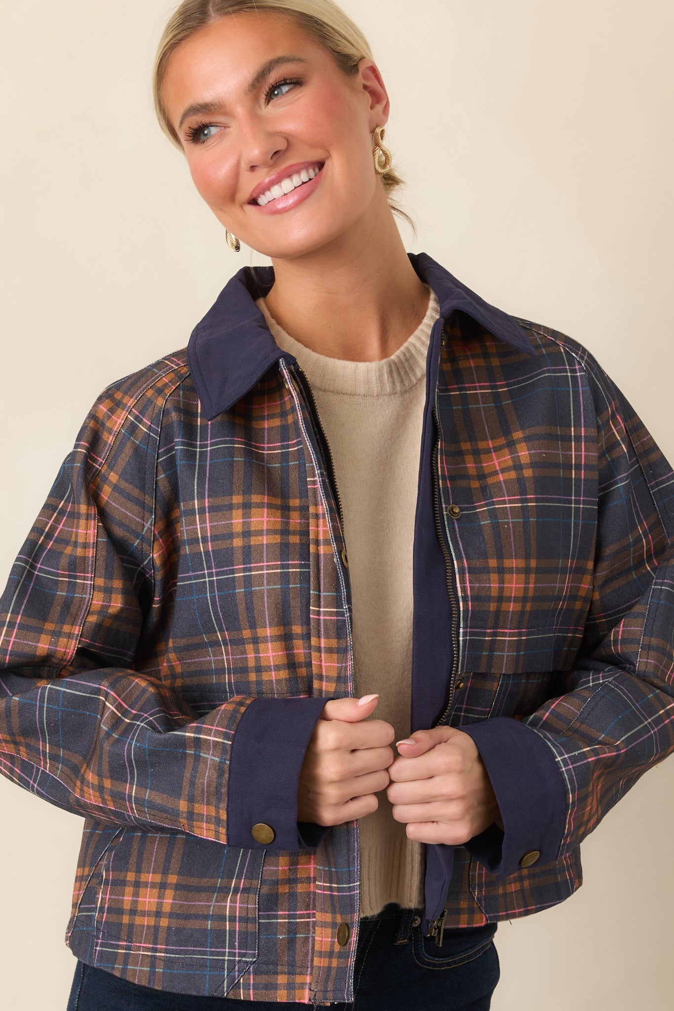 Check the Forecast Navy Multi Plaid Cotton Jacket