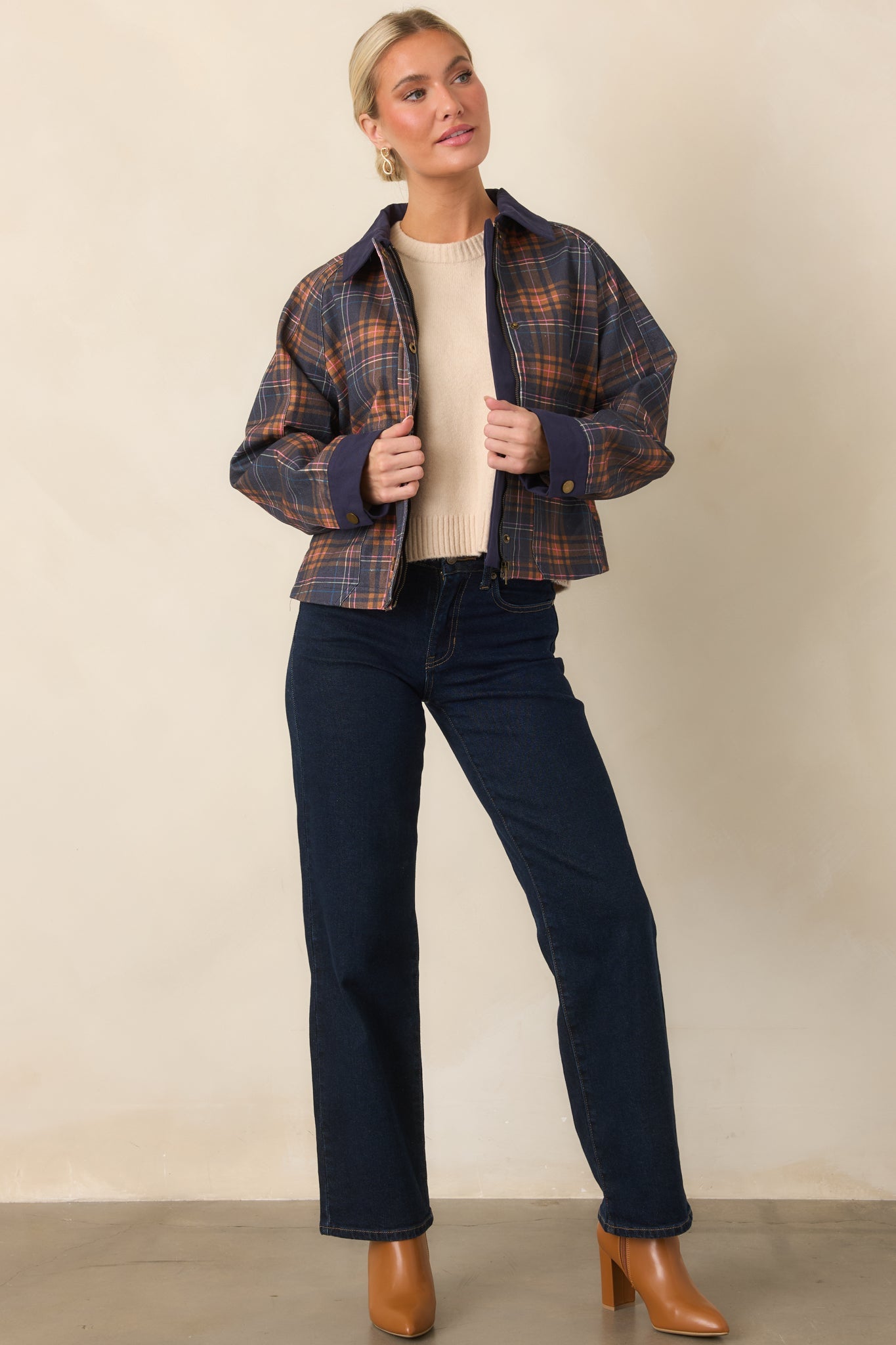 Check the Forecast Navy Multi Plaid Cotton Jacket
