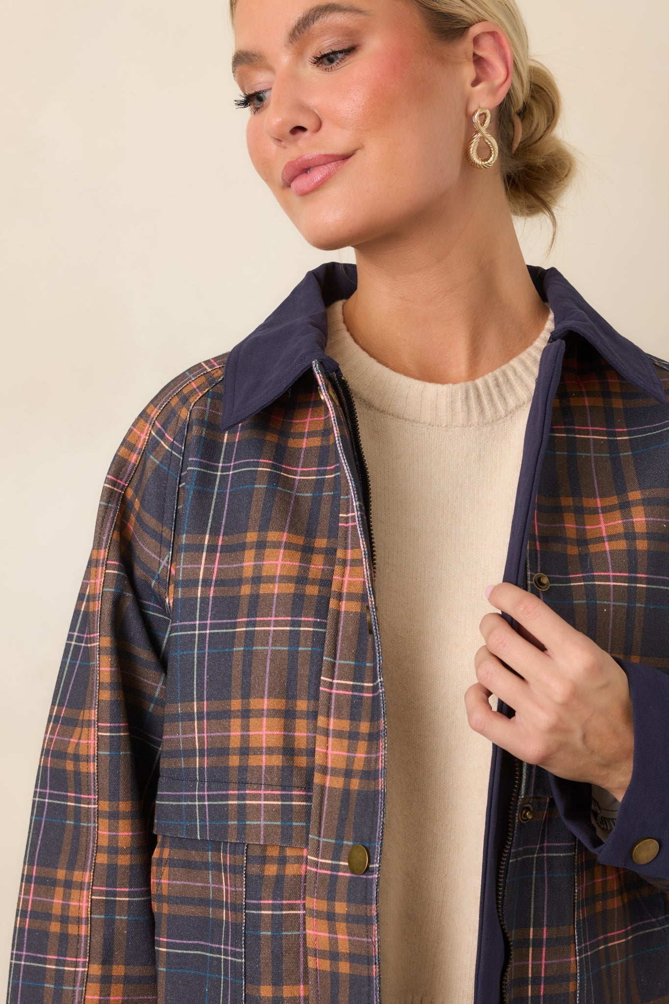Check the Forecast Navy Multi Plaid Cotton Jacket