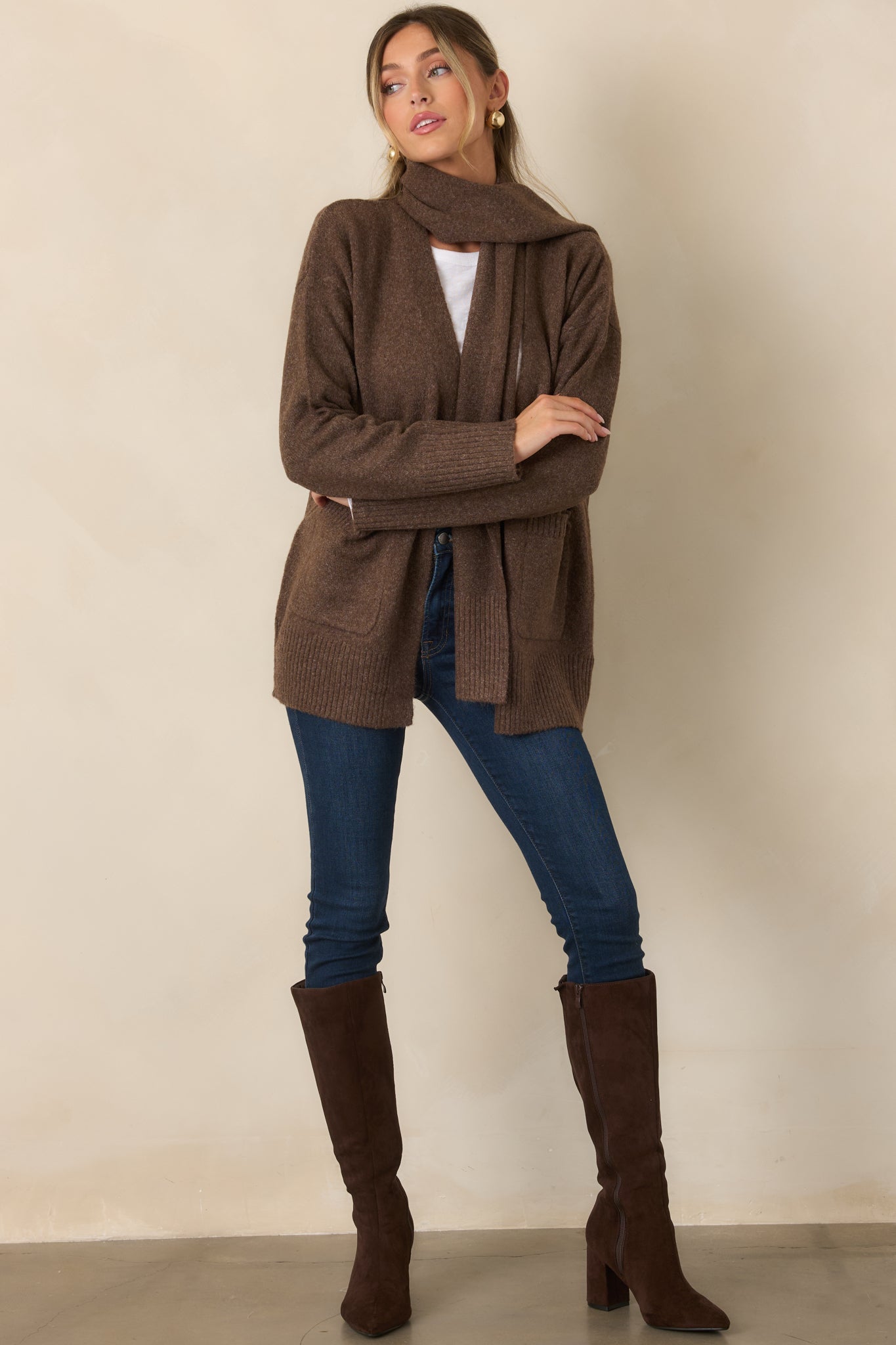 A Well-Knit Plan Dark Mocha Knit Cardigan & Scarf Set