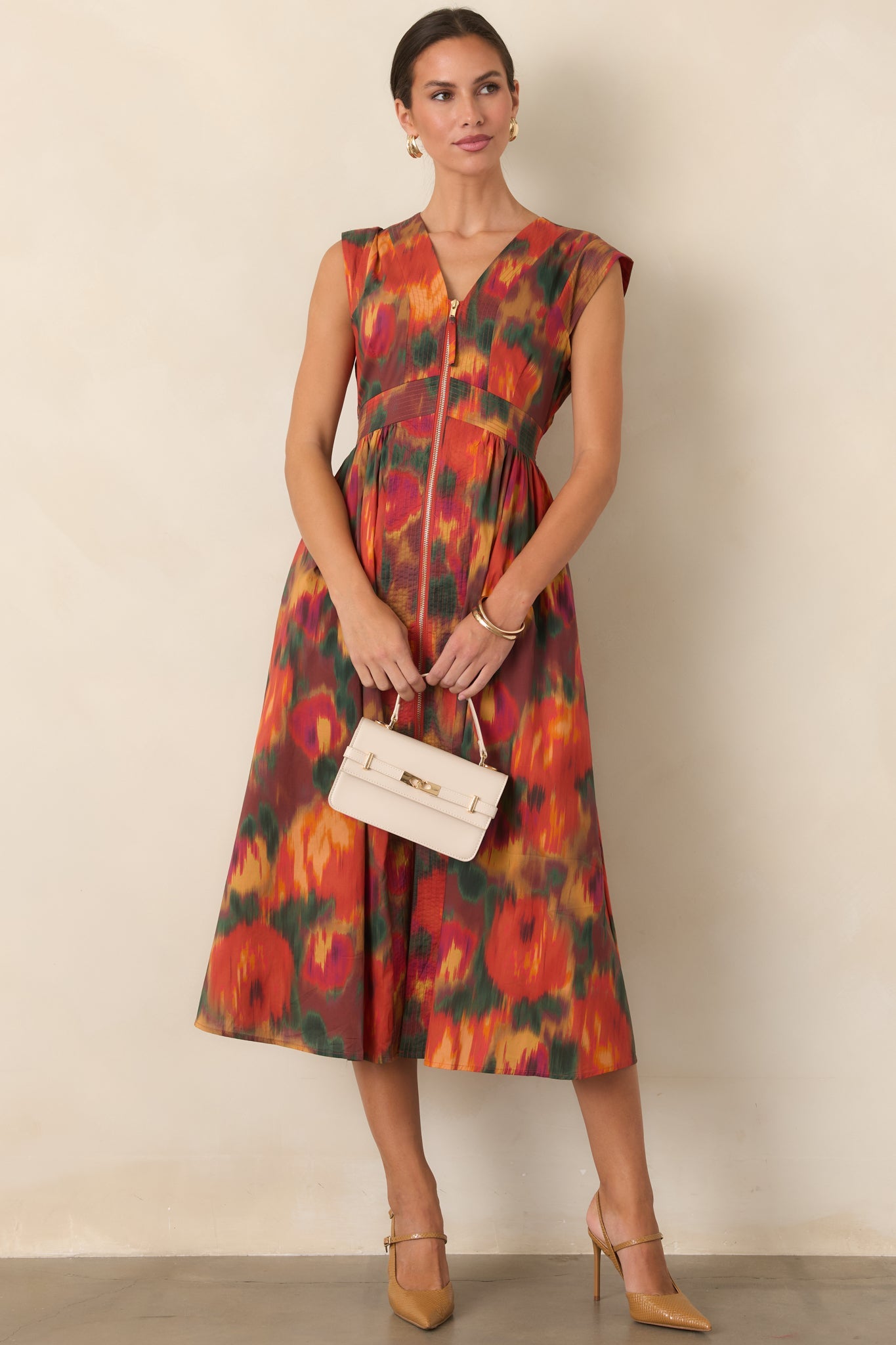 Fall Into Place Rust Multi Floral Cotton Midi Dress