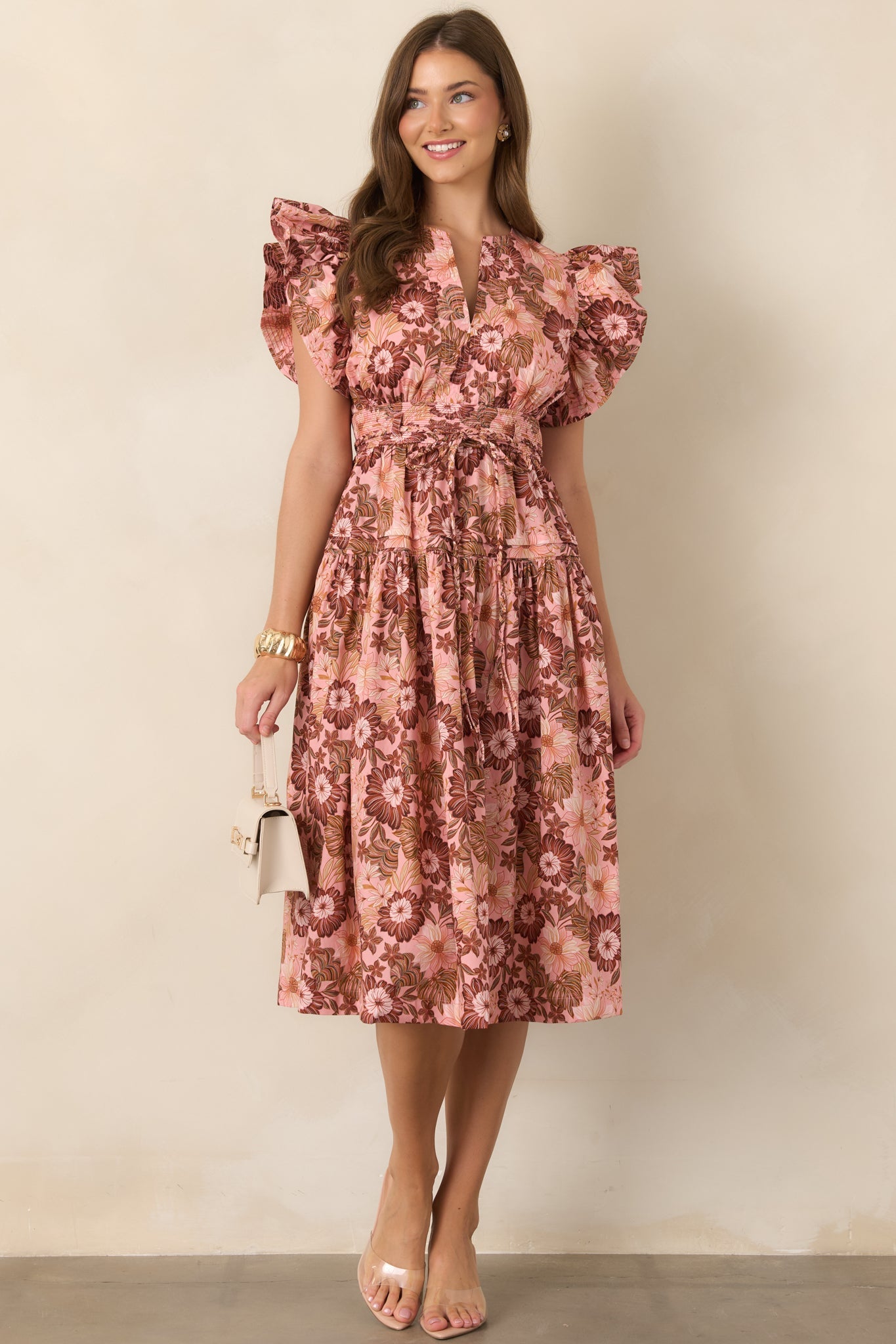 A Season Remembered Pink & Brown Floral Cotton Smocked Midi Dress