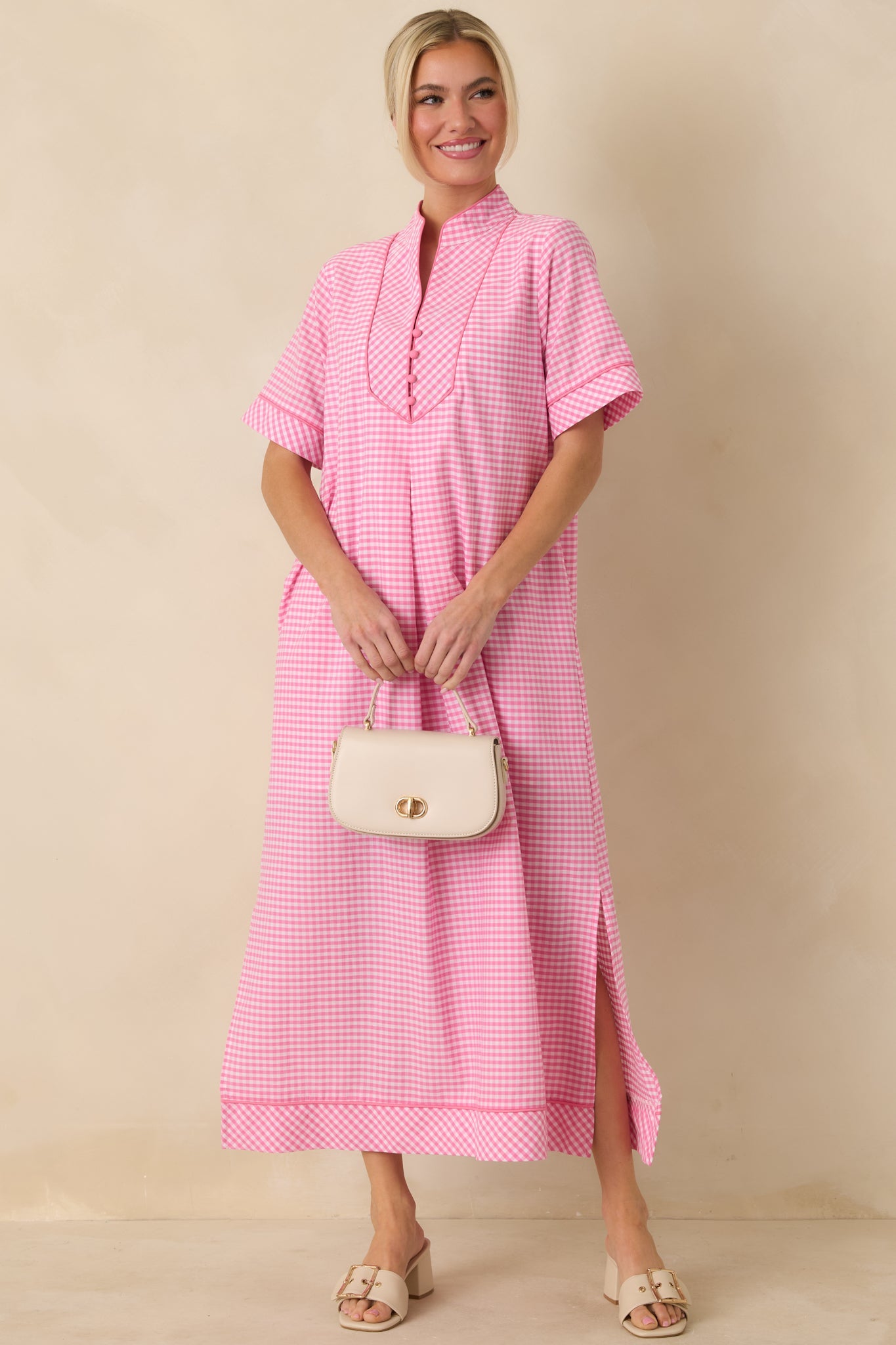Afternoon Plans Pink Gingham Cotton V-Neck Maxi Dress