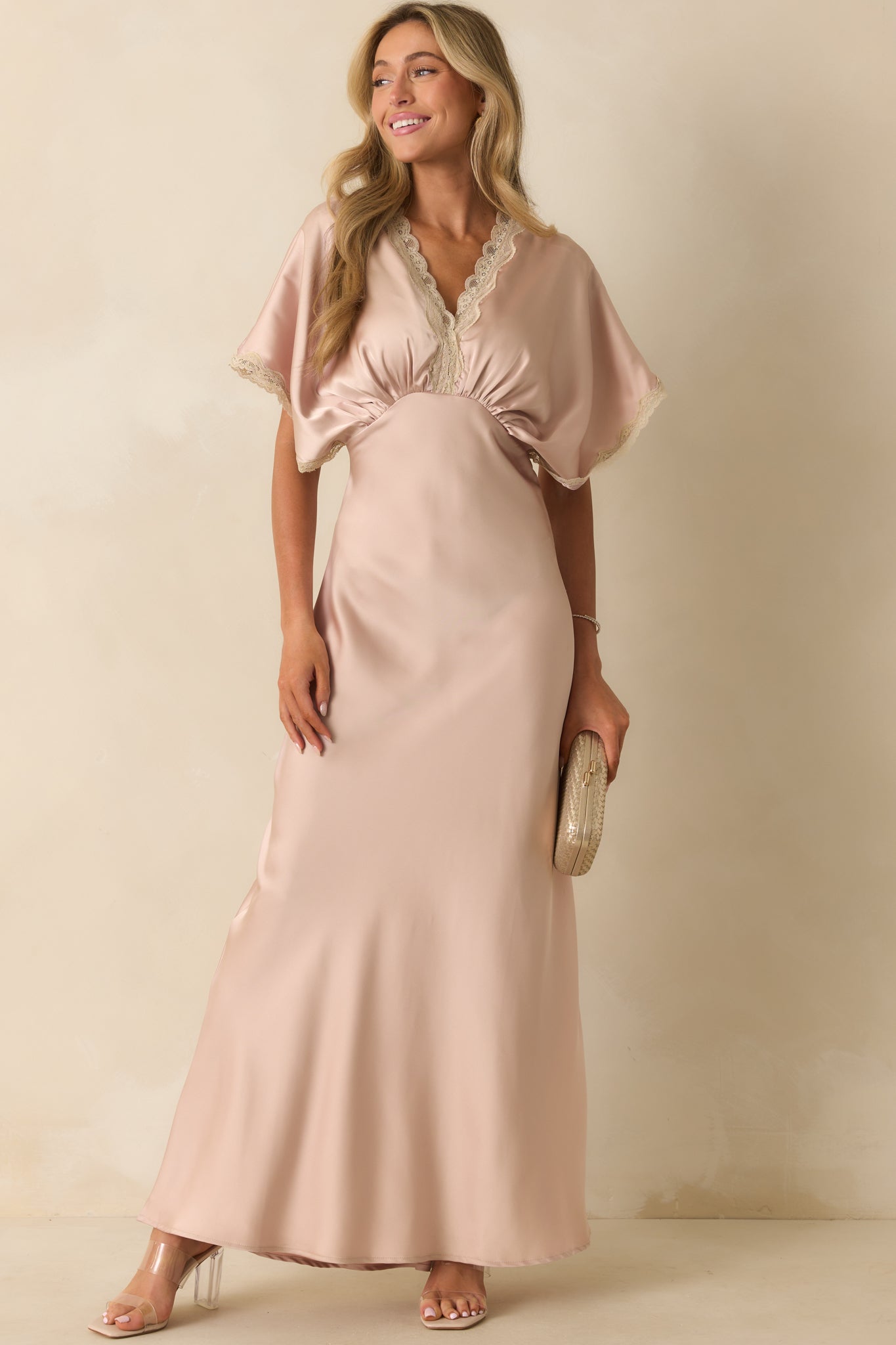 All The Right Reasons Dusty Pink Satin Lace Trim Maxi Dress