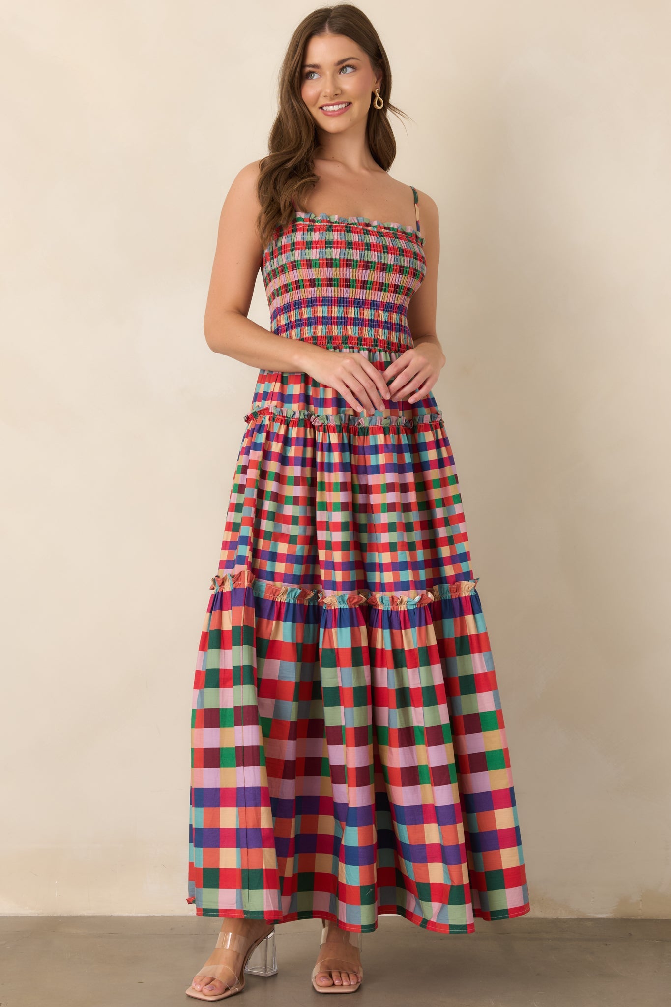 Every Shade of Happy Red Multi Plaid Maxi Dress