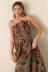 A Reason to Stay Mocha Brown Multi Floral Cotton Strapless Midi Dress