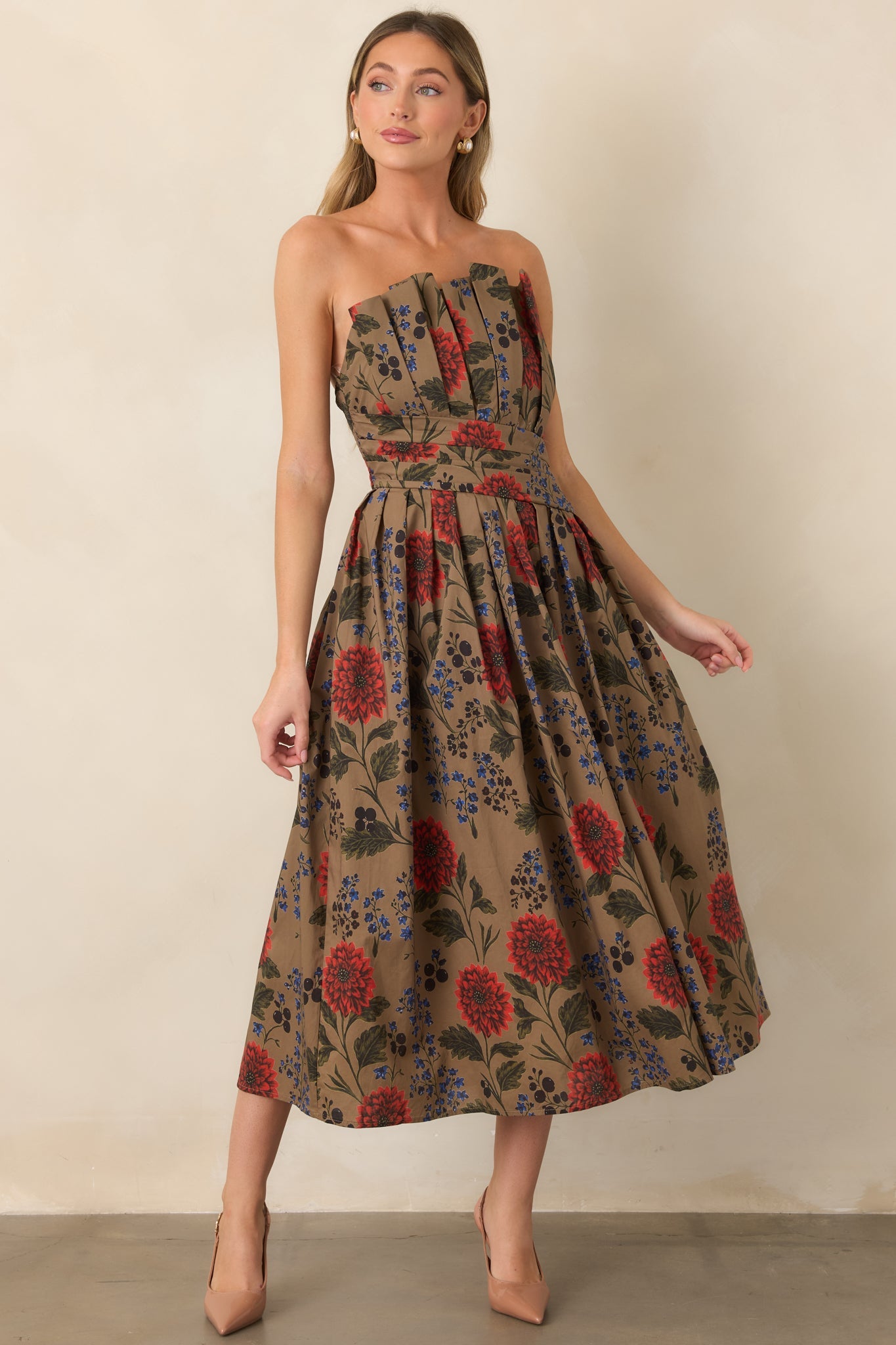 A Reason to Stay Mocha Brown Multi Floral Cotton Strapless Midi Dress