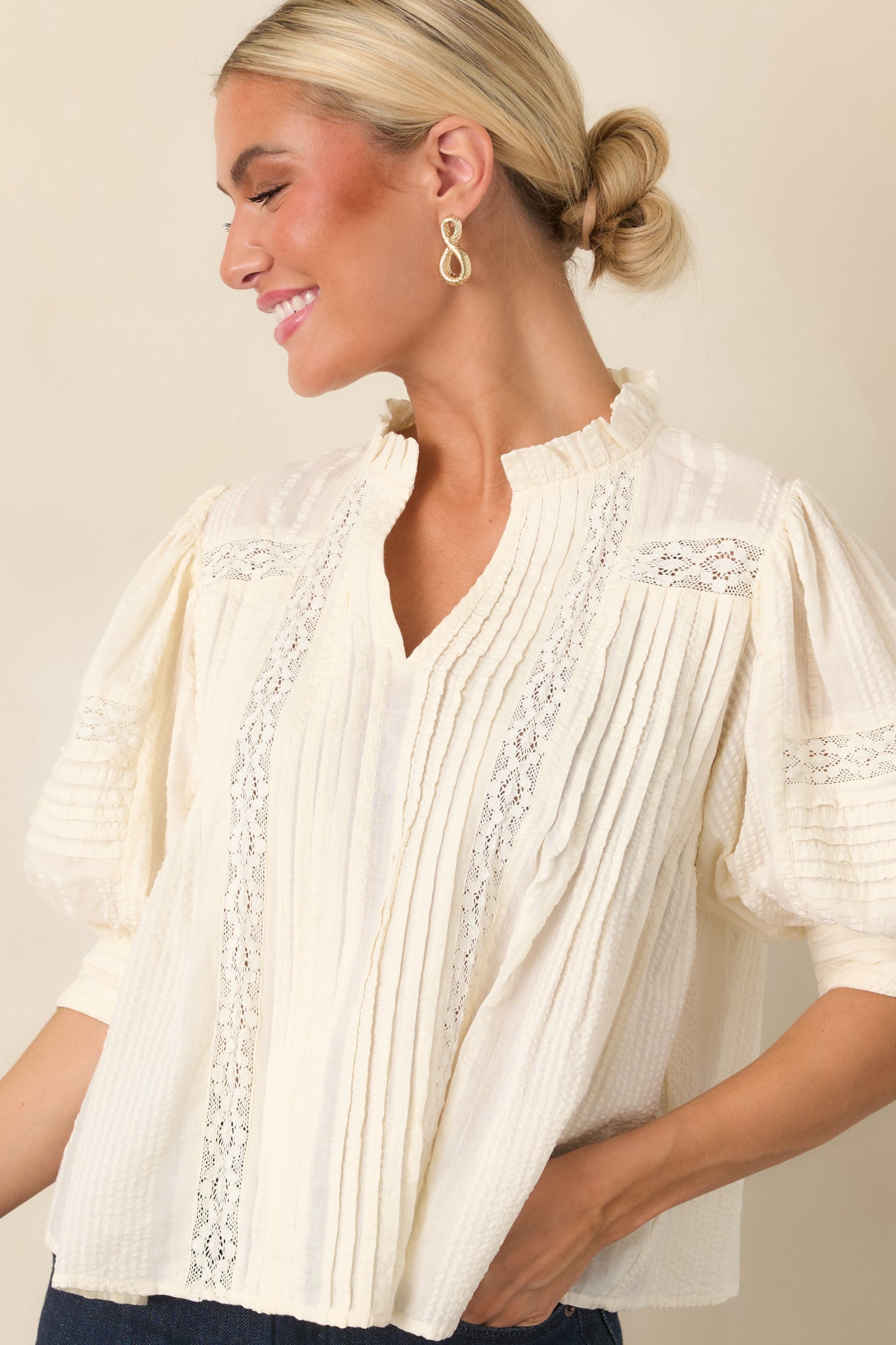 Dainty Details Ivory Textured Lace Trim Pleated Blouse