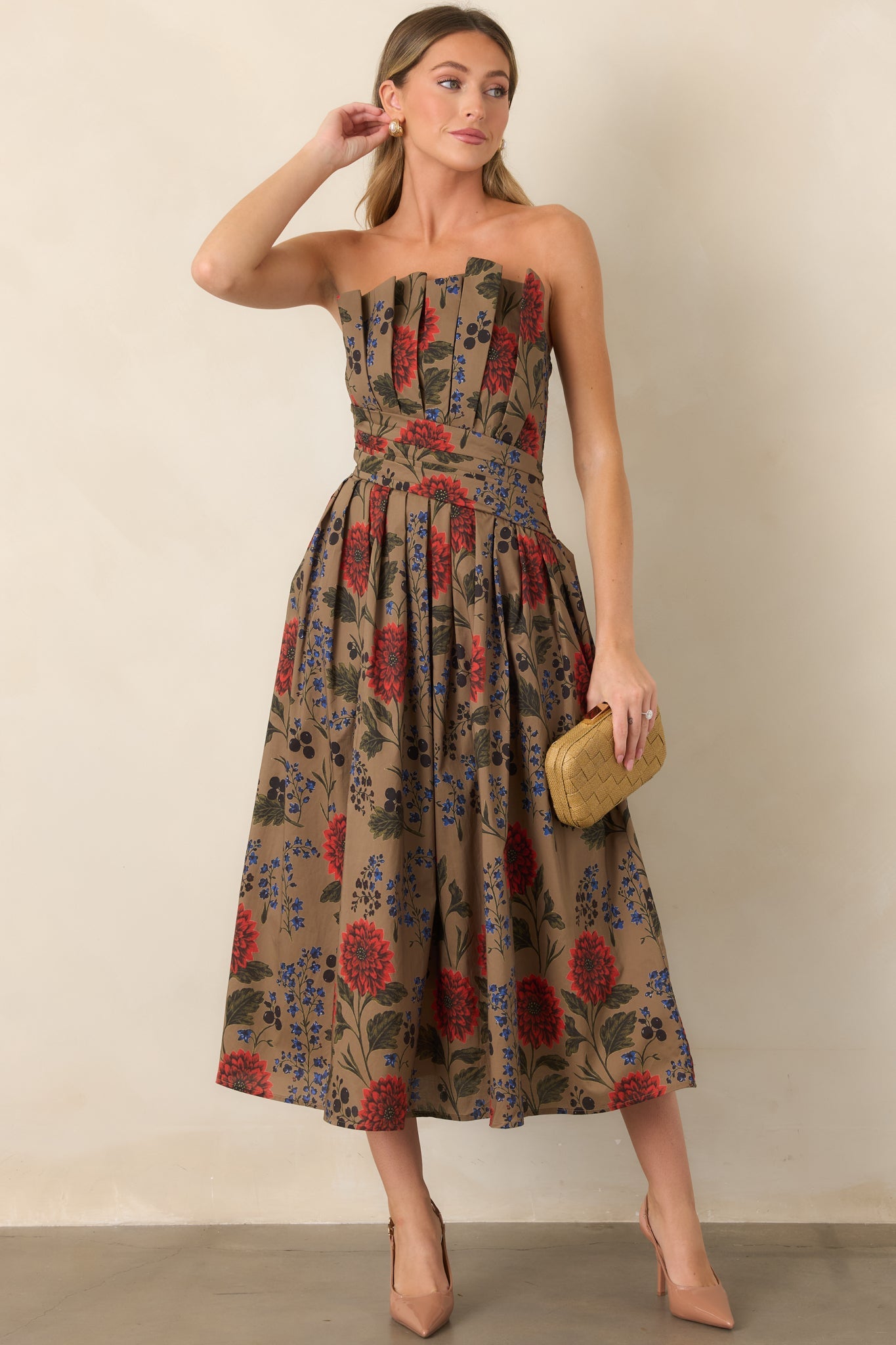 A Reason to Stay Mocha Brown Multi Floral Cotton Strapless Midi Dress