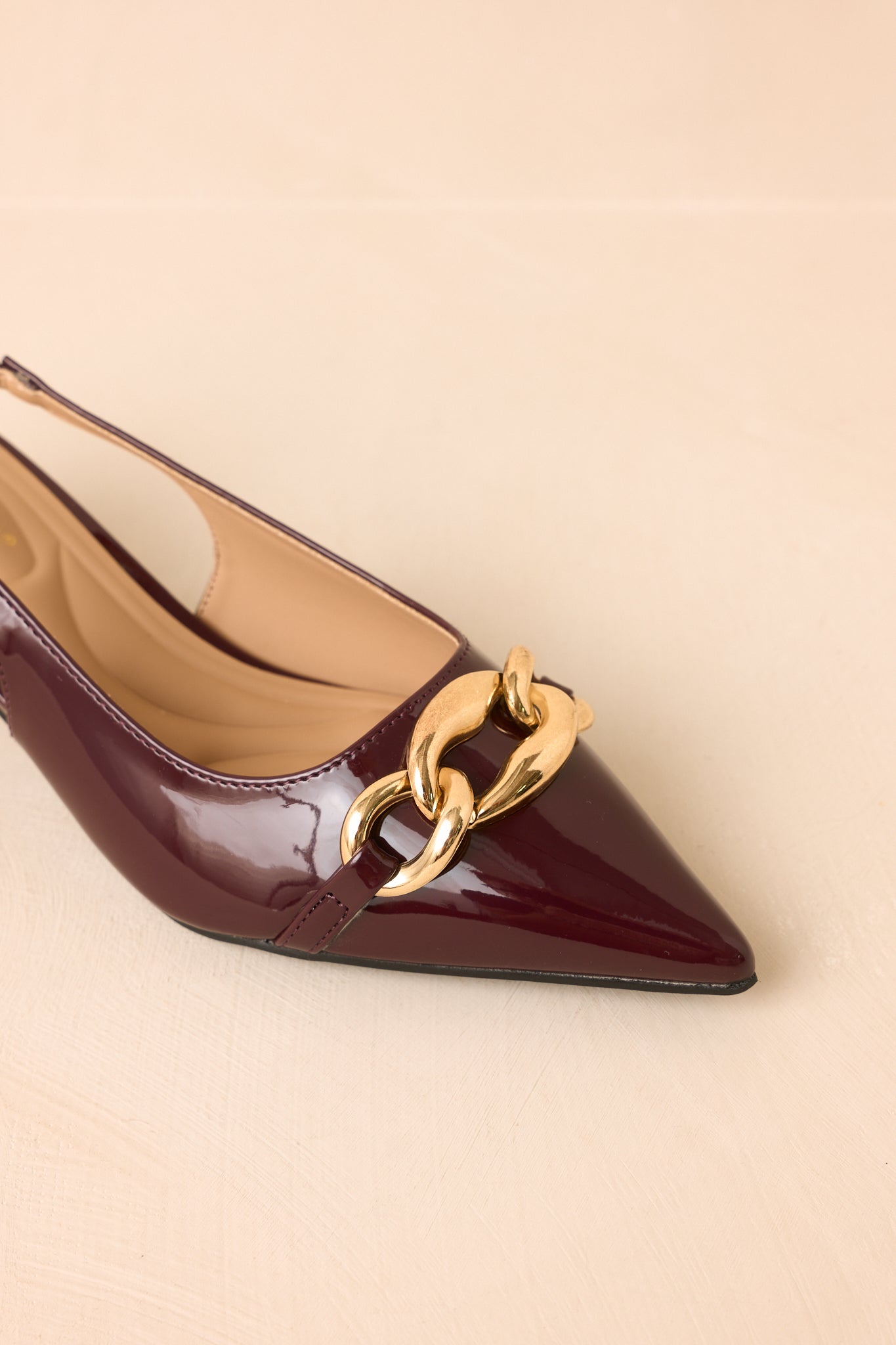 Chain of Events Plum Patent Gold Chain Slingback Kitten Heels