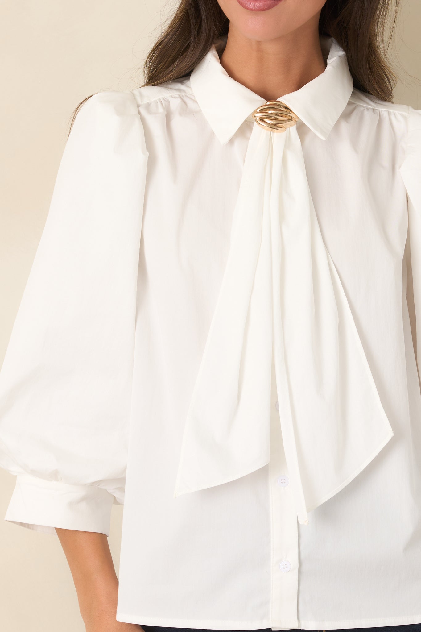 A Word of Advice Ivory Gold Accent Tie Neck Blouse