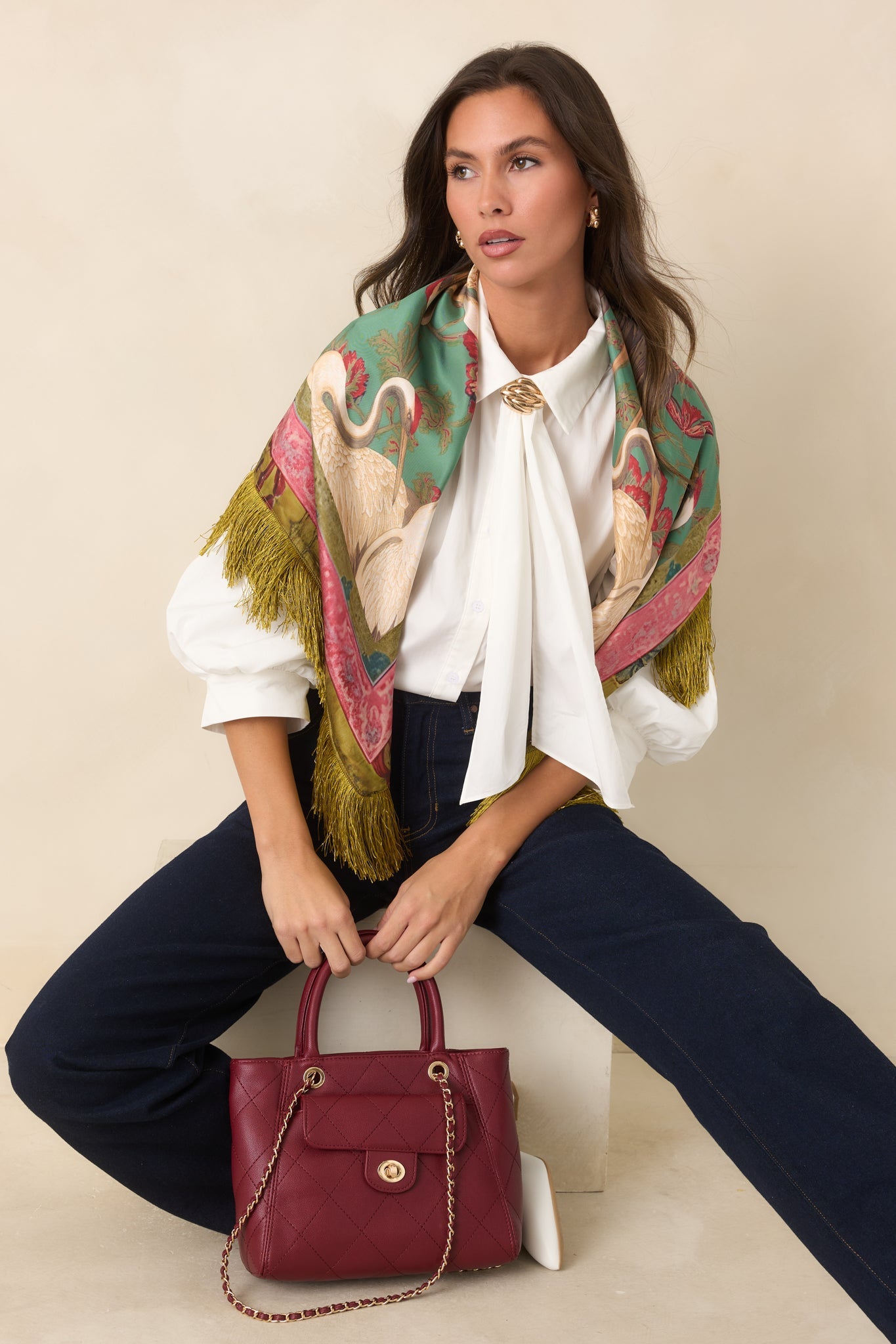 A Word of Advice Ivory Gold Accent Tie Neck Blouse