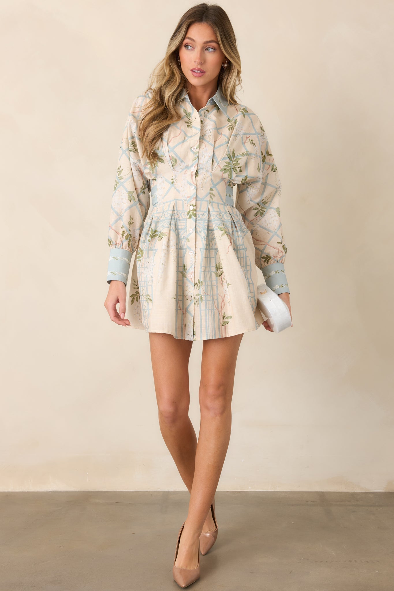En Saison Georgina Ivory Floral Lattice Textured Mini Shirt Dress