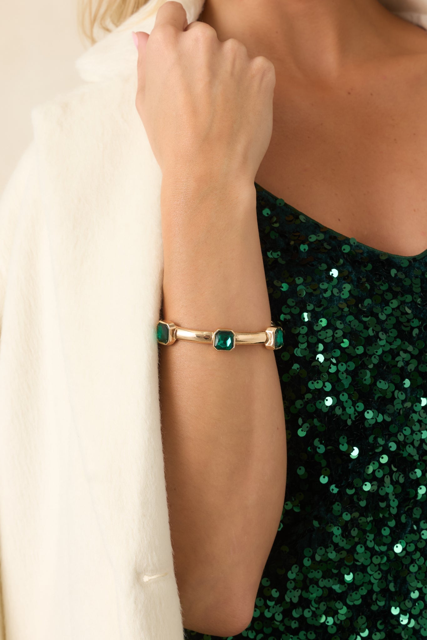 A Hint of Enchantment Gold & Emerald Green Crystal Bangle Bracelet