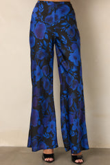 A Whole New Direction Black & Cobalt Floral Satin Wide Leg Pants