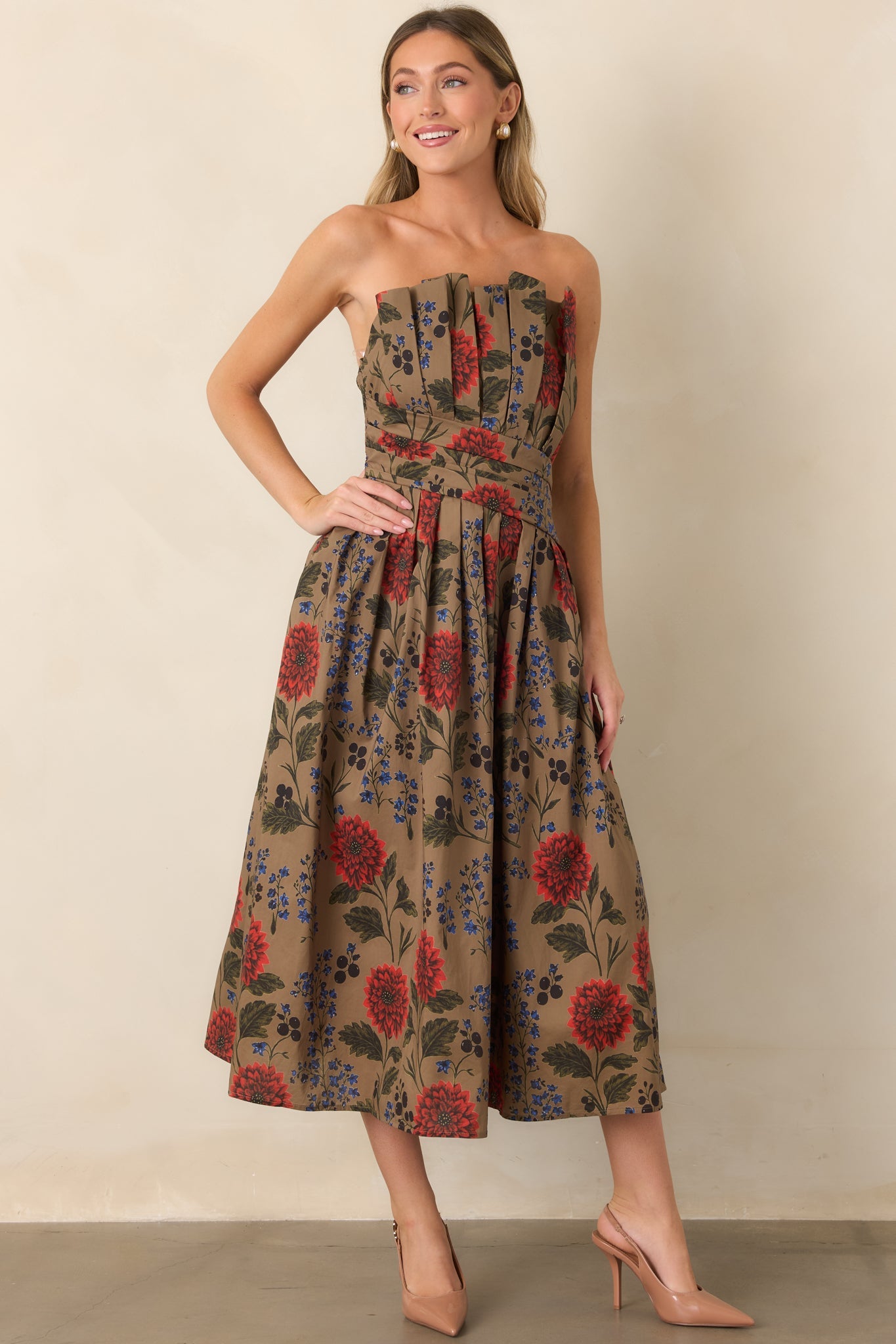 A Reason to Stay Mocha Brown Multi Floral Cotton Strapless Midi Dress