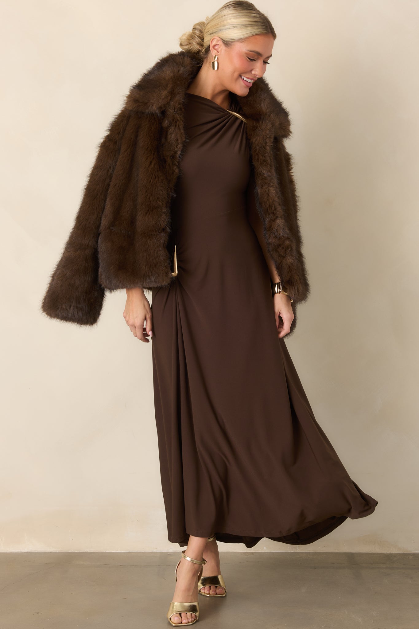 Astrid Blyth Chocolate Brown Draped Maxi Dress