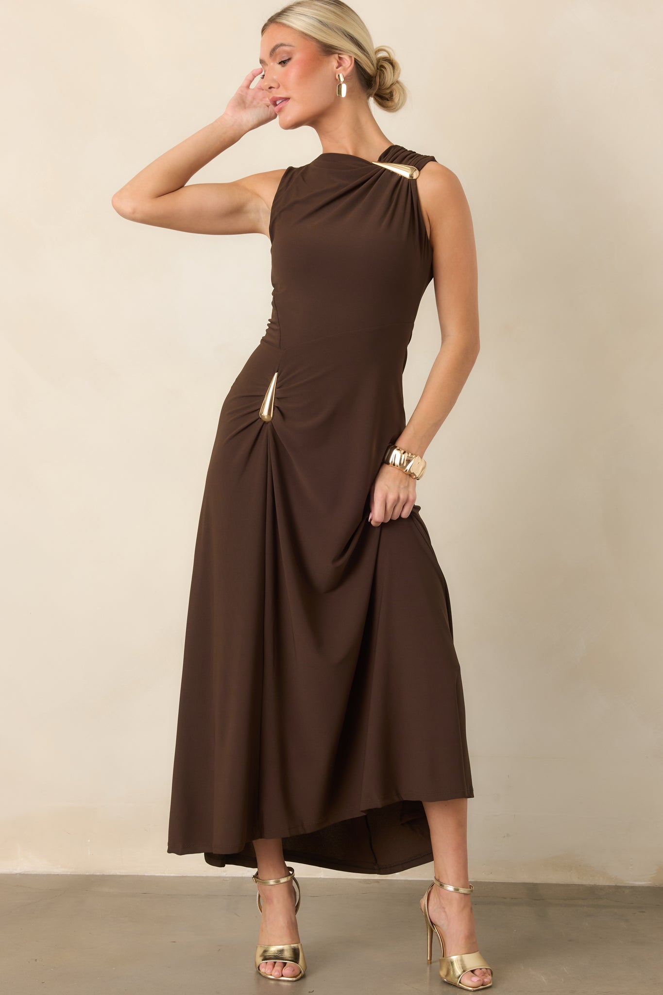 Astrid Blyth Chocolate Brown Draped Maxi Dress