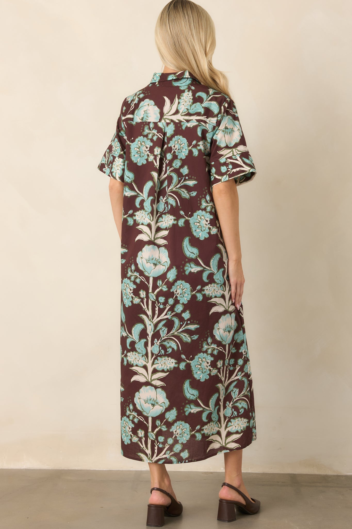 Collected Along the Way Brown & Aqua Floral Cotton Midi Dress