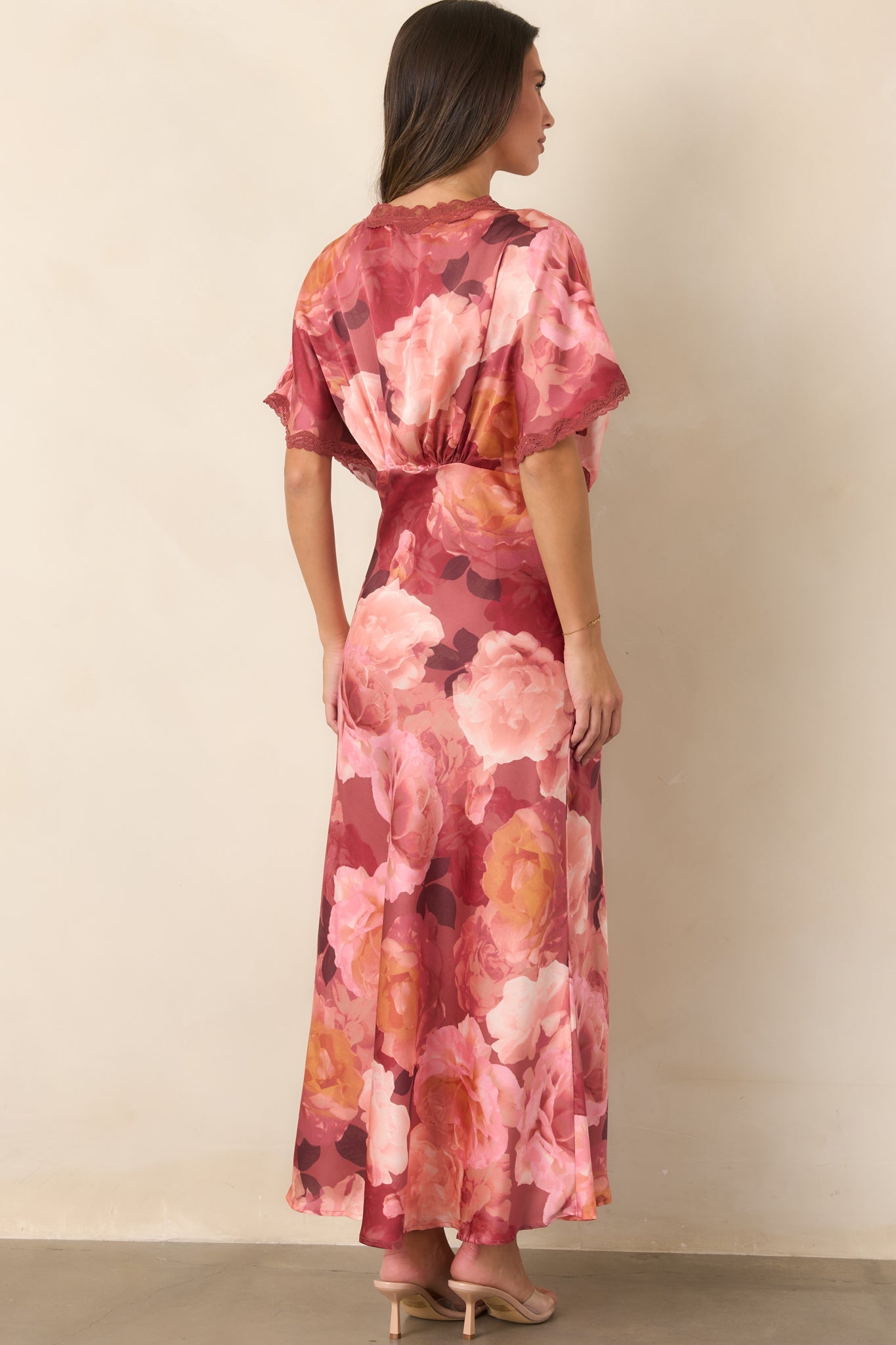 All The Right Reasons Blush Floral Satin Lace Trim Maxi Dress