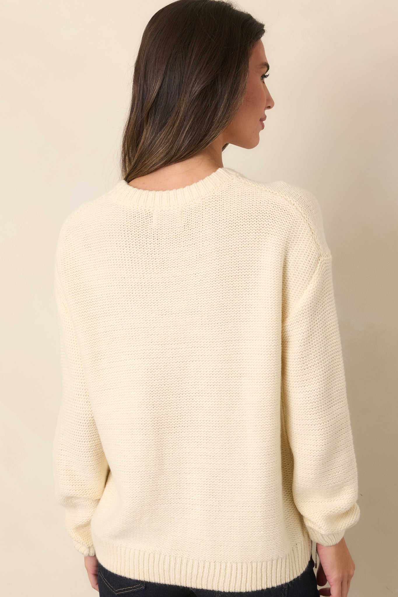 All the While Ivory Cable Knit Crewneck Pullover Sweater