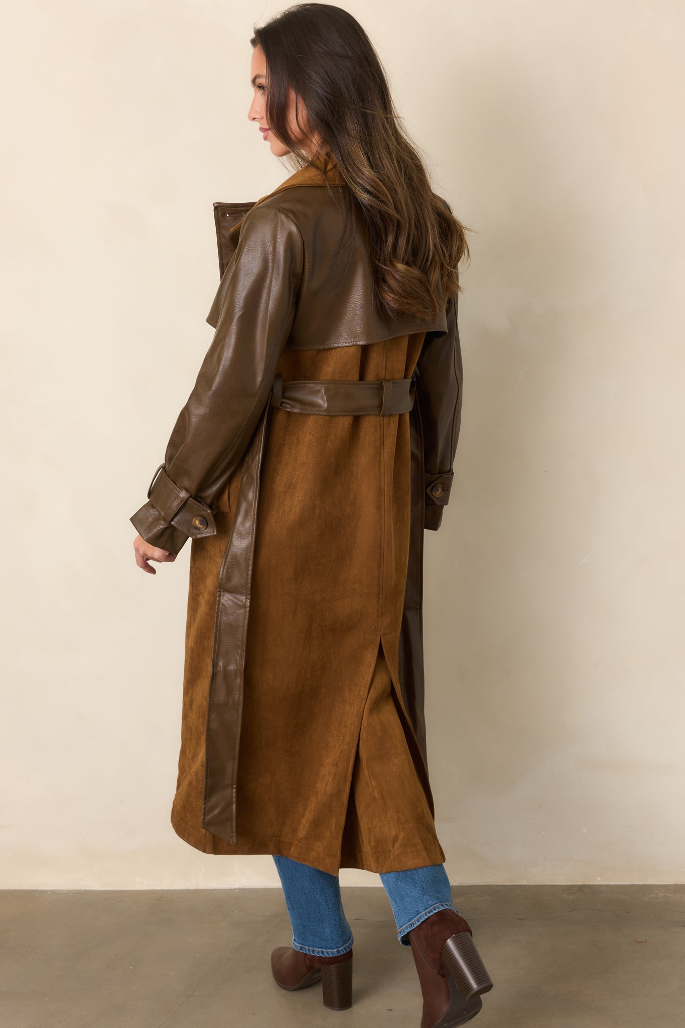En Saison Yumi Brown Faux Leather Trench Coat