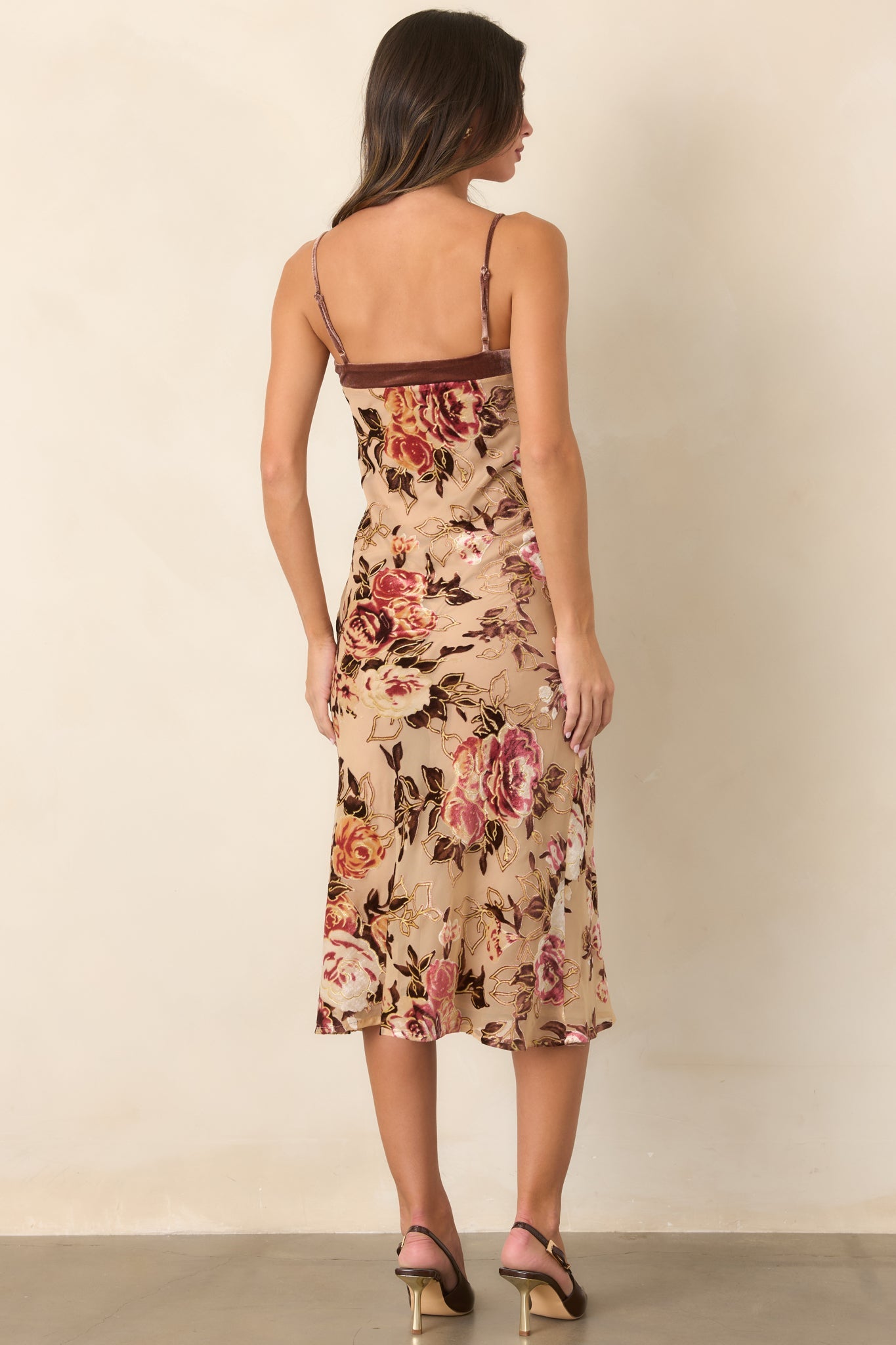 Among the Autumn Roses Mocha & Pink Floral Velvet Burnout Midi Dress