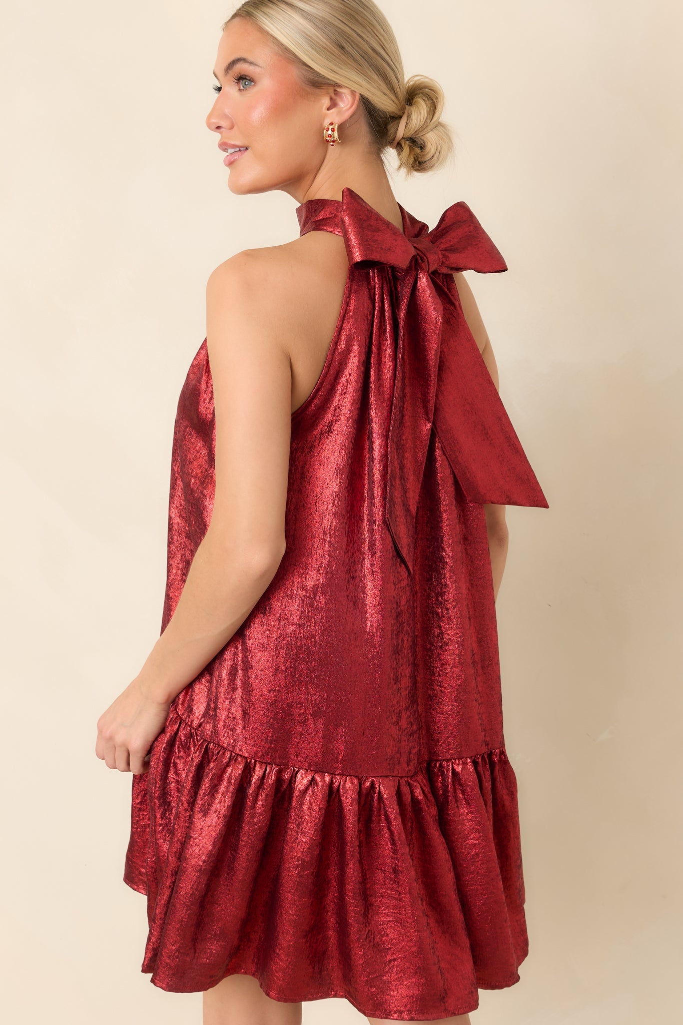 Fancy That Red Halter Bow Back Ruffle Hem Mini Dress