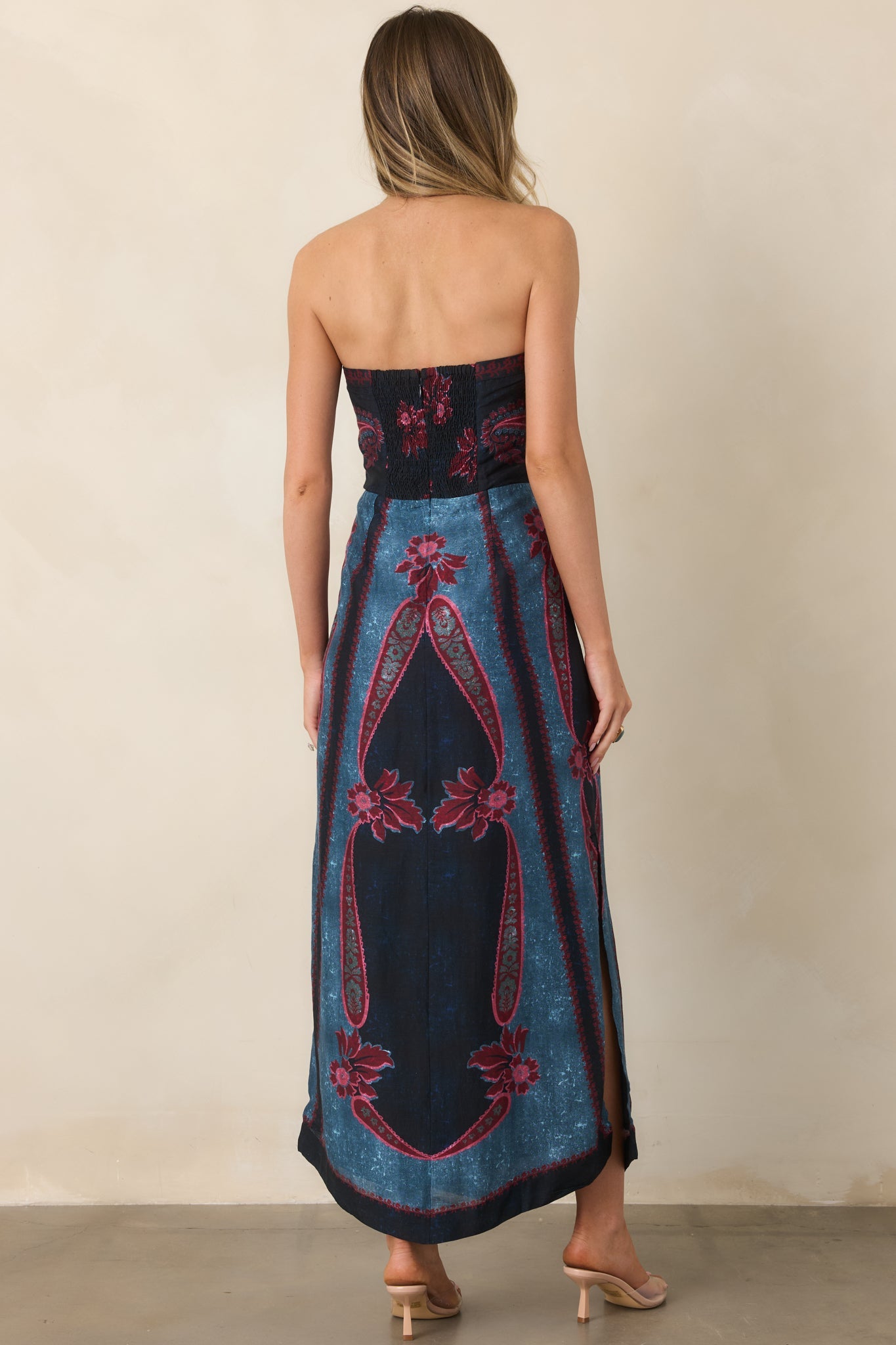 Anna Cate Bennett Obscura Navy Multi Strapless Midi Dress