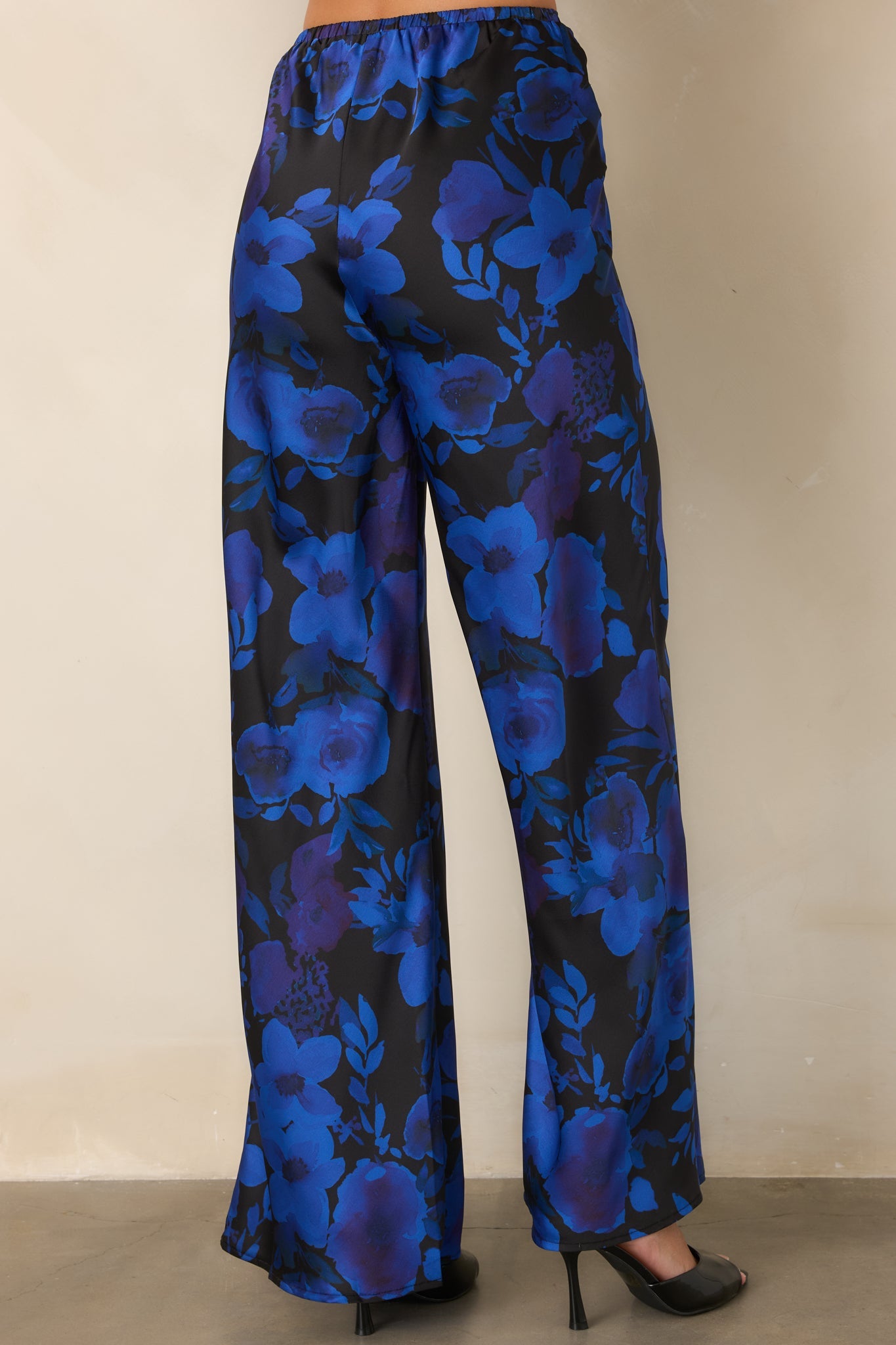 A Whole New Direction Black & Cobalt Floral Satin Wide Leg Pants
