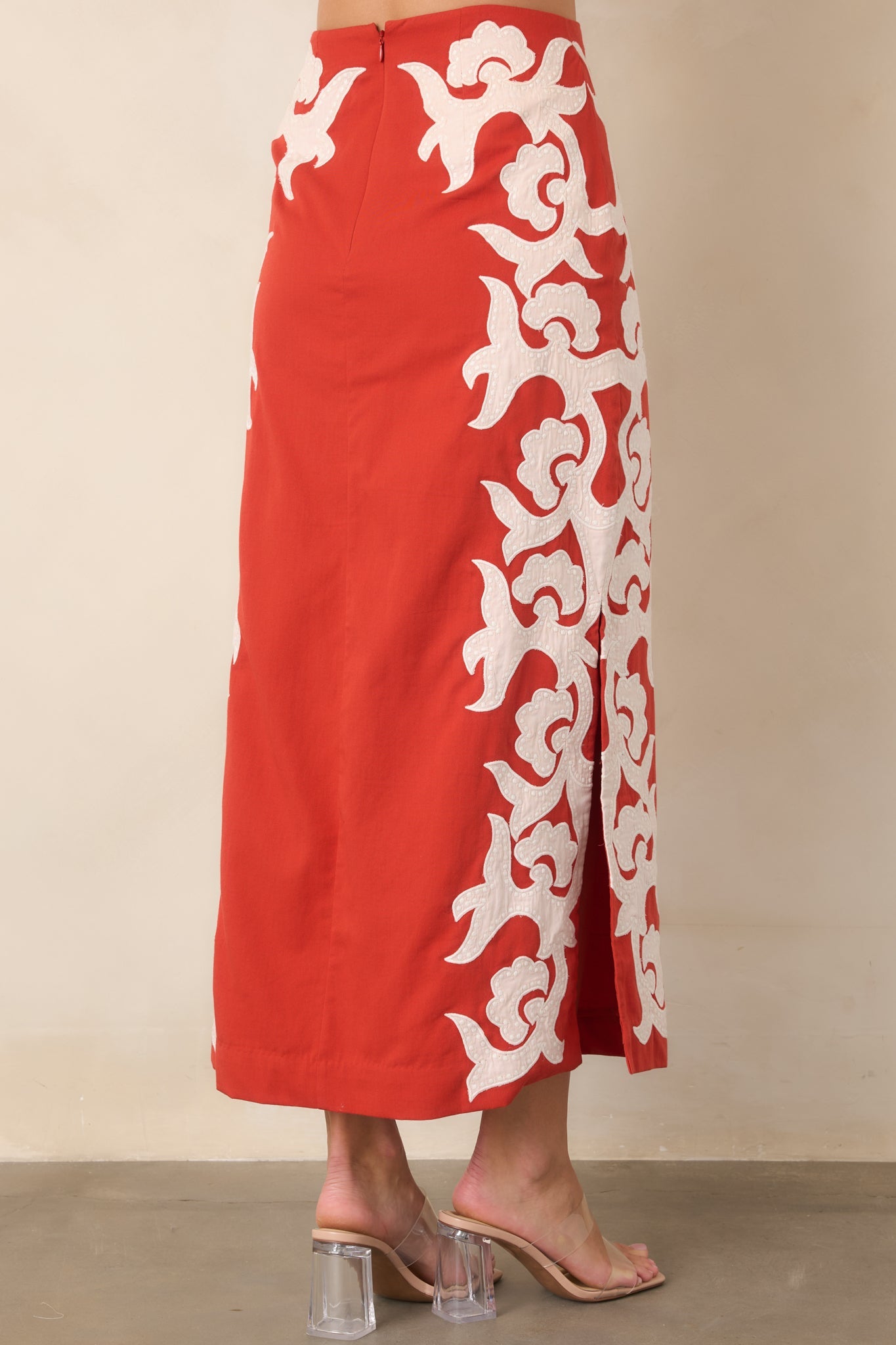 Anna Cate Dillon Bright Red Cotton Appliqué Midi Skirt