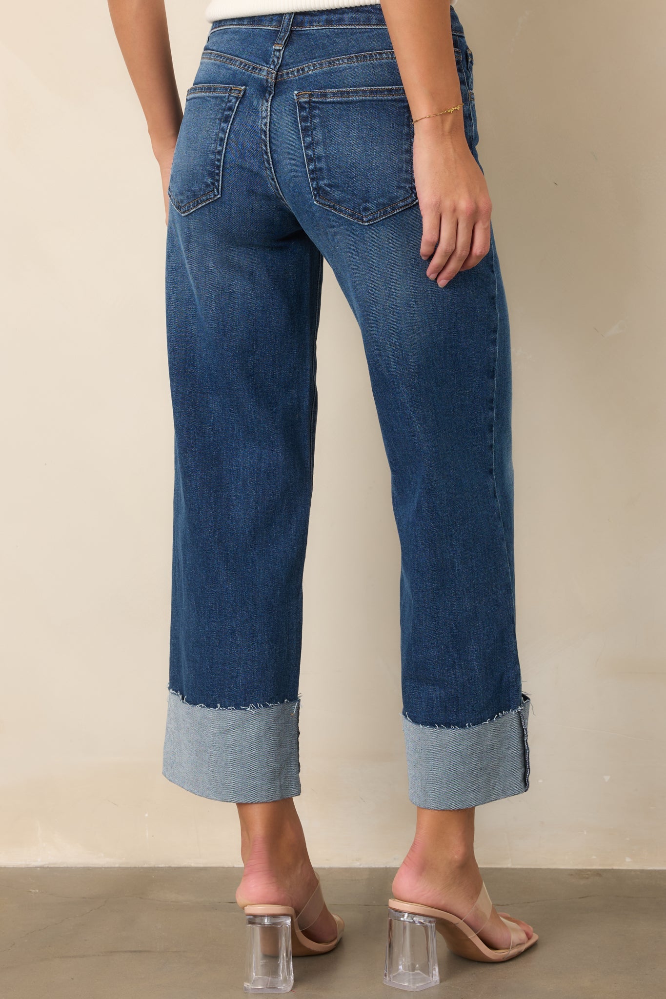Best I've Seen Dark Wash Stretch Wide Leg Cuffed Jeans