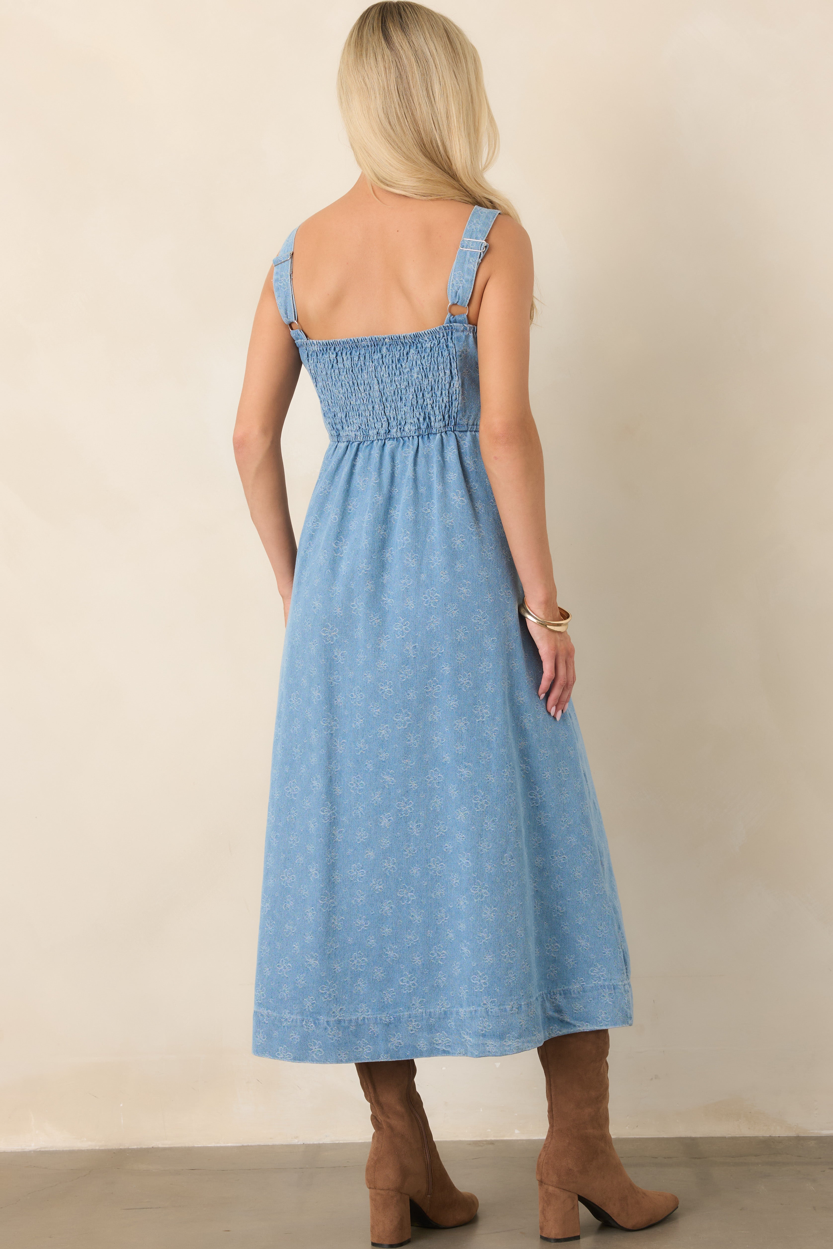 Dreaming in Blue Light Wash Denim Floral Midi Dress