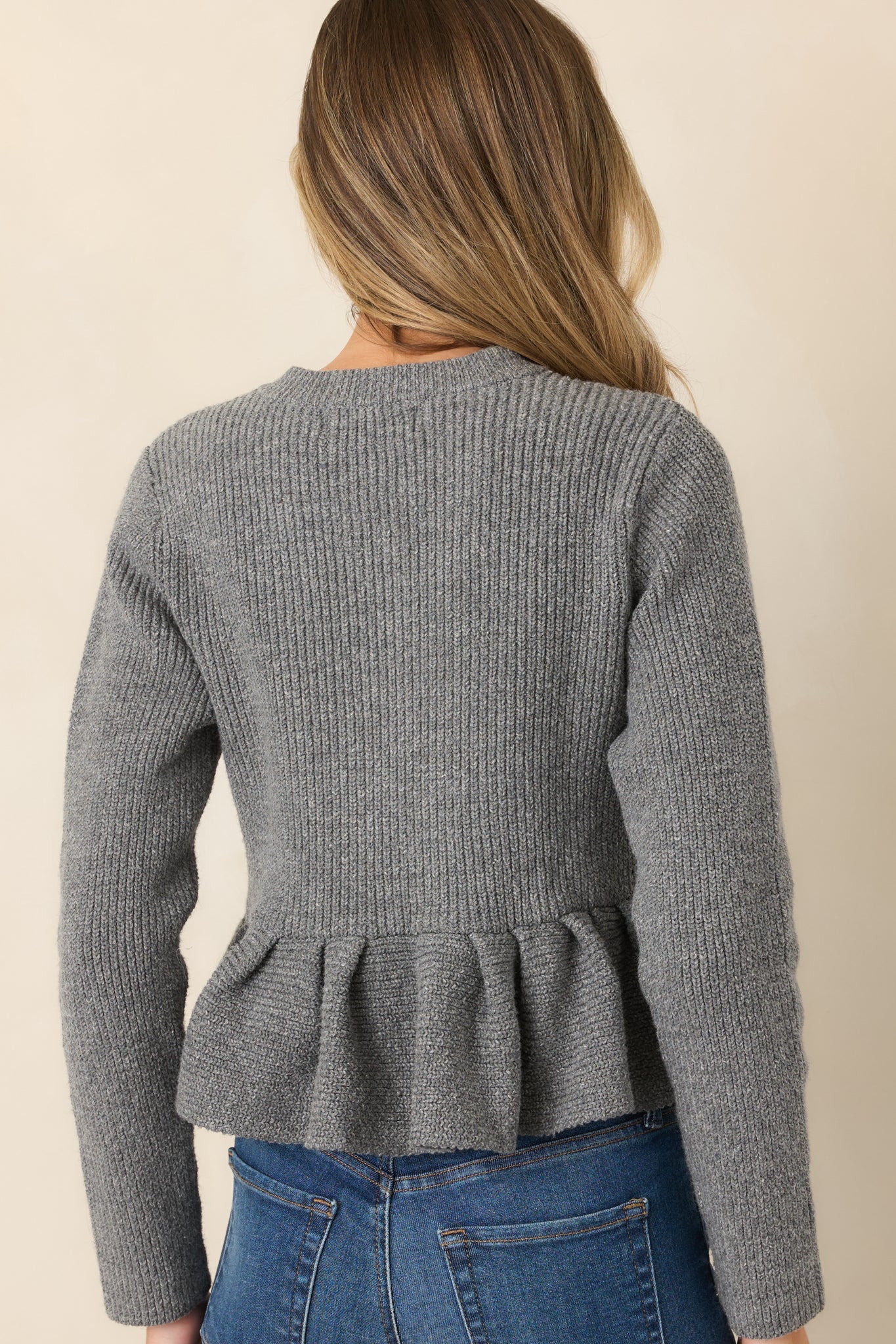 En Saison Annie Heather Gray Plaid Trim Peplum Cardigan