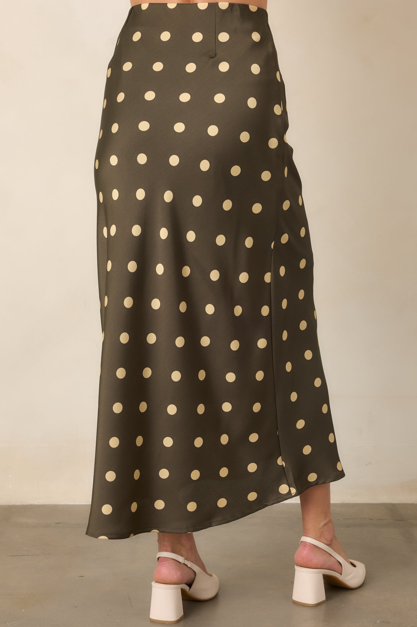 Connect the Dots Moss Green Polka Dot Satin Maxi Skirt