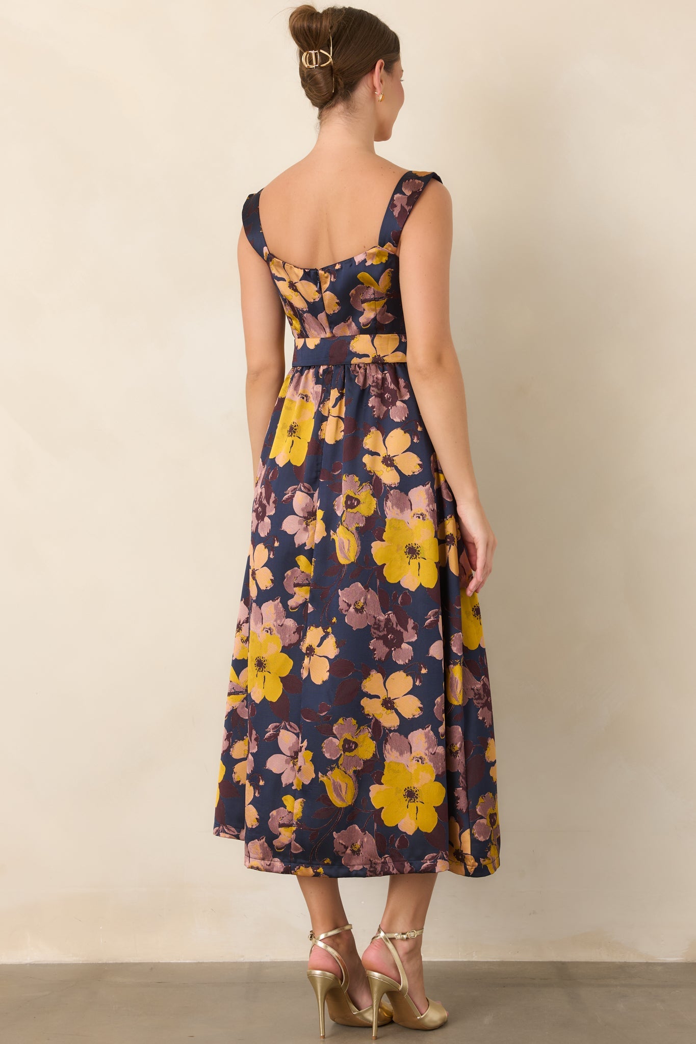 A Formal Arrangement Navy & Marigold Floral Tie-Waist Midi Dress