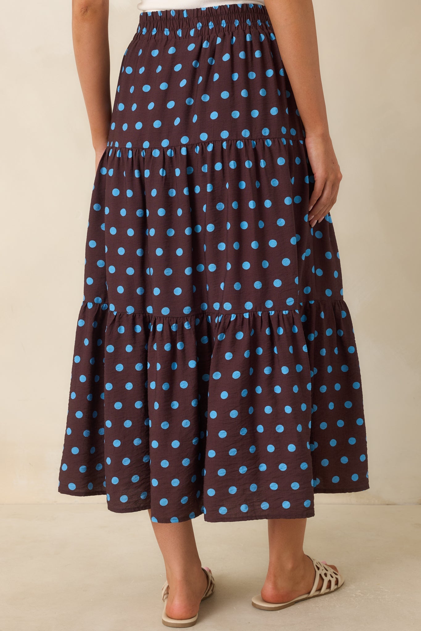 Café Rendezvous Brown & Blue Polka Dot Tiered Maxi Skirt